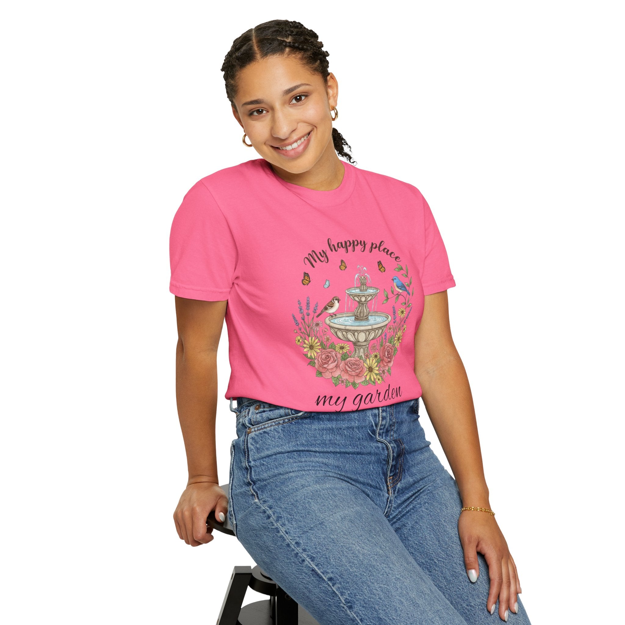 Garden T-Shirt — “My Happy Place My Garden” Floral Fountain Tee