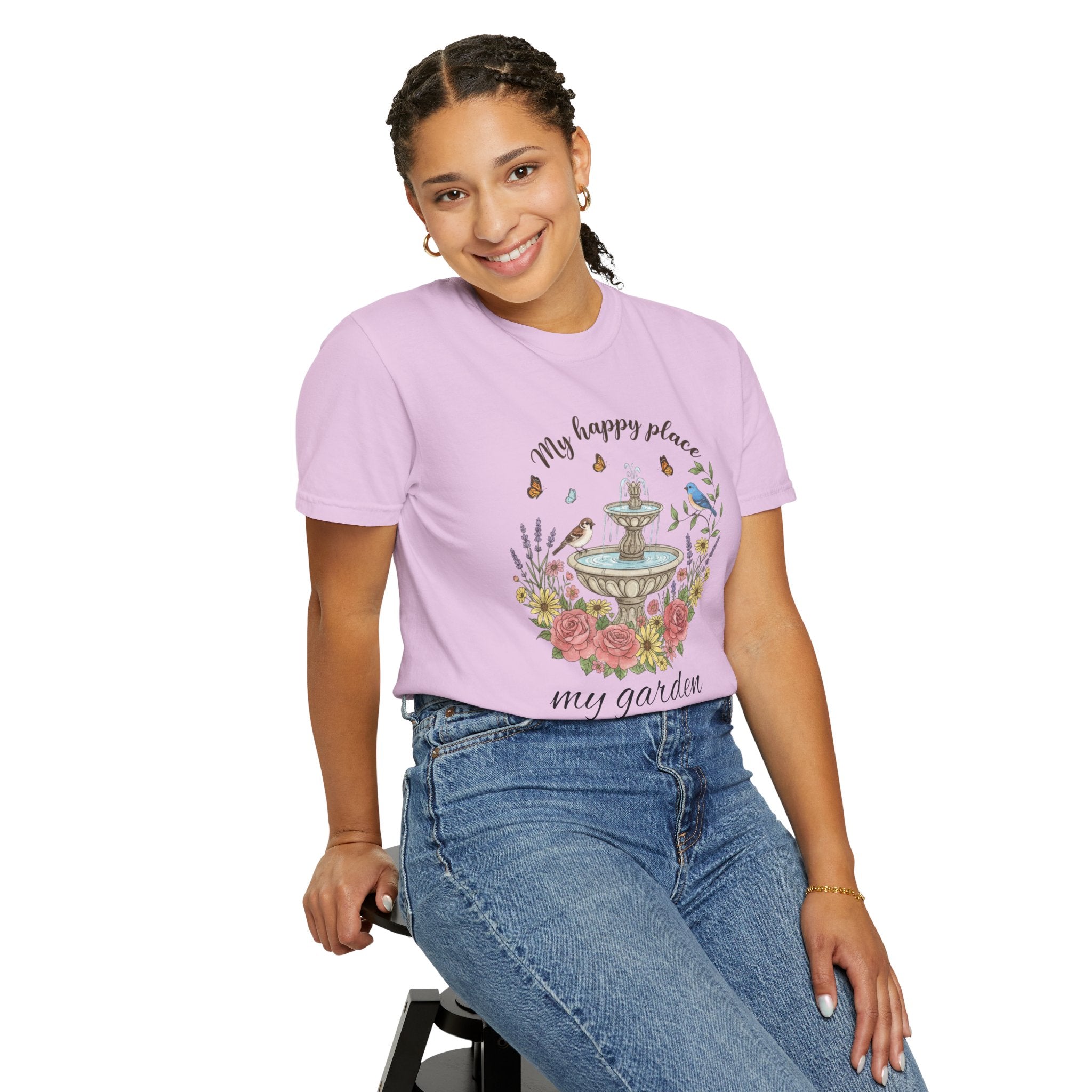 Garden T-Shirt — “My Happy Place My Garden” Floral Fountain Tee