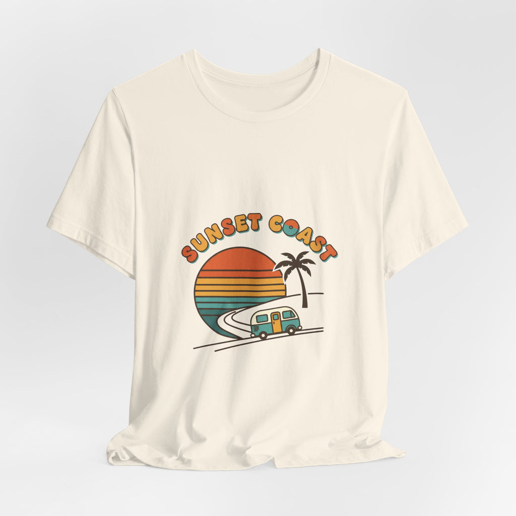 Sunset Coast Retro Surf Graphic Tee | 70s Sunset Shirt, Vintage Palm Postcard