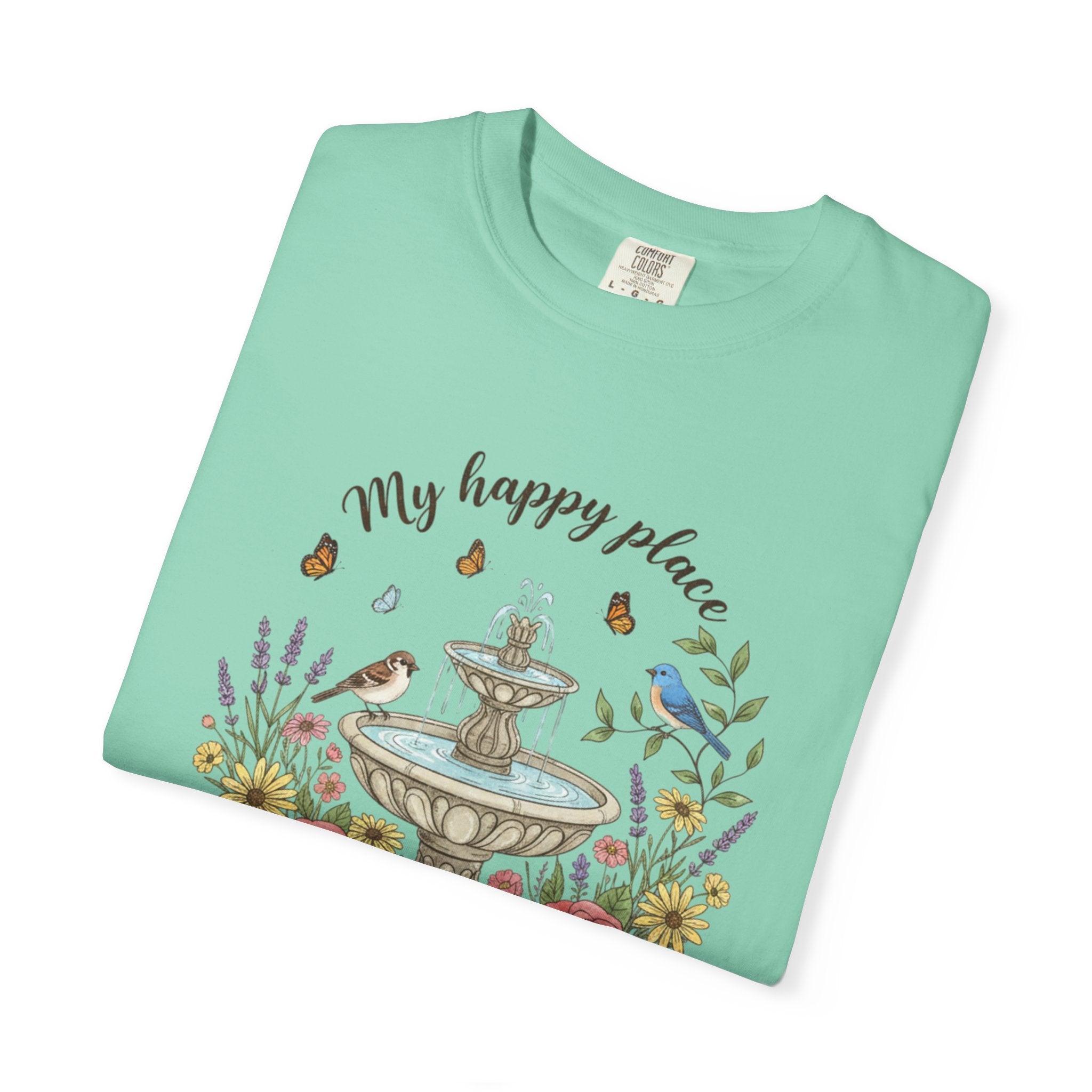 Garden T-Shirt — “My Happy Place My Garden” Floral Fountain Tee