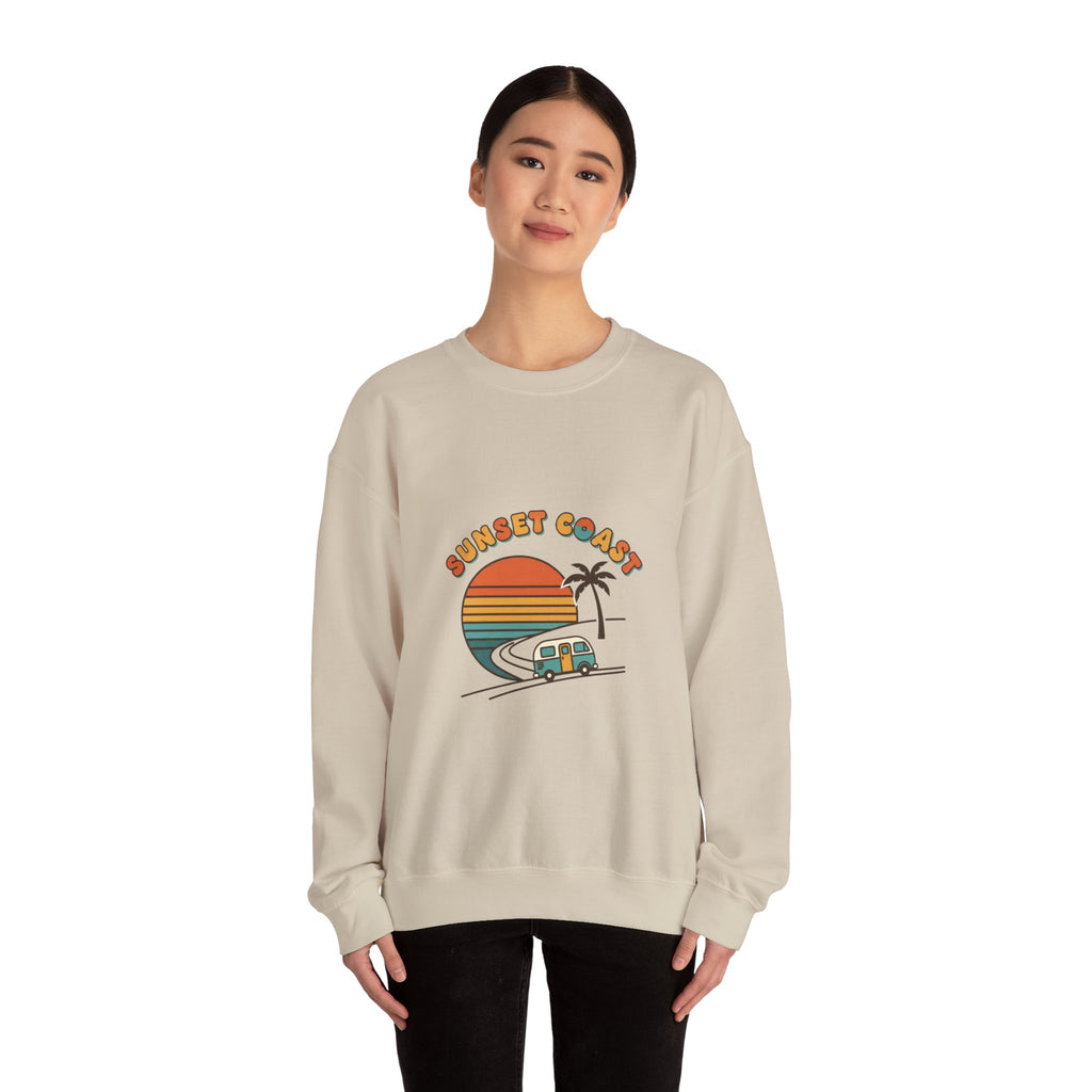 Sunset Coast Camper Crewneck Sweatshirt | 70s Sunset, Retro Surf Graphic
