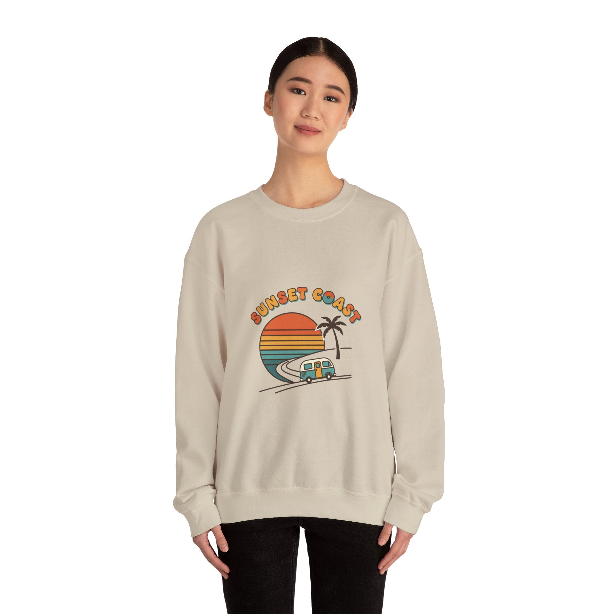 Sunset Coast Camper Crewneck Sweatshirt | 70s Sunset, Retro Surf Graphic