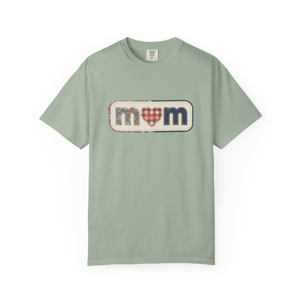 Mom  Faux Patch T-Shirt —Faux Plaid Heart Vintage Mom Tee