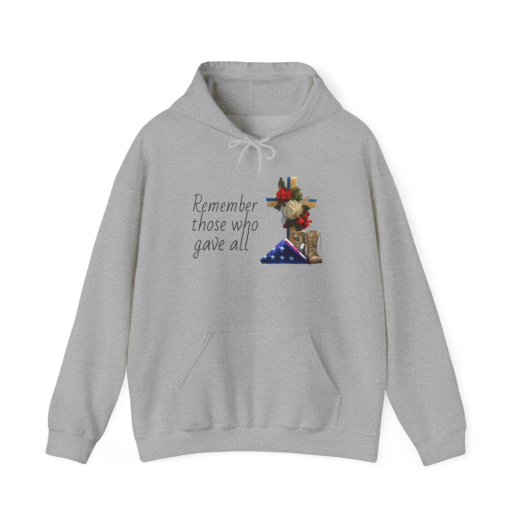 Patriotic Fallen Soldier Hoodie — Folded Flag, Combat Boots & Cross with Red Roses