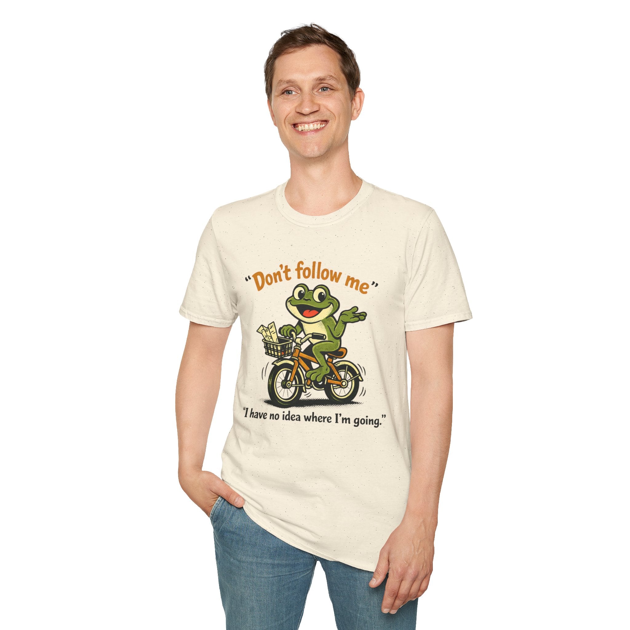 Frog on Bike T-Shirt — “Don't follow me, I have no idea where I'm going” Graphic Tee