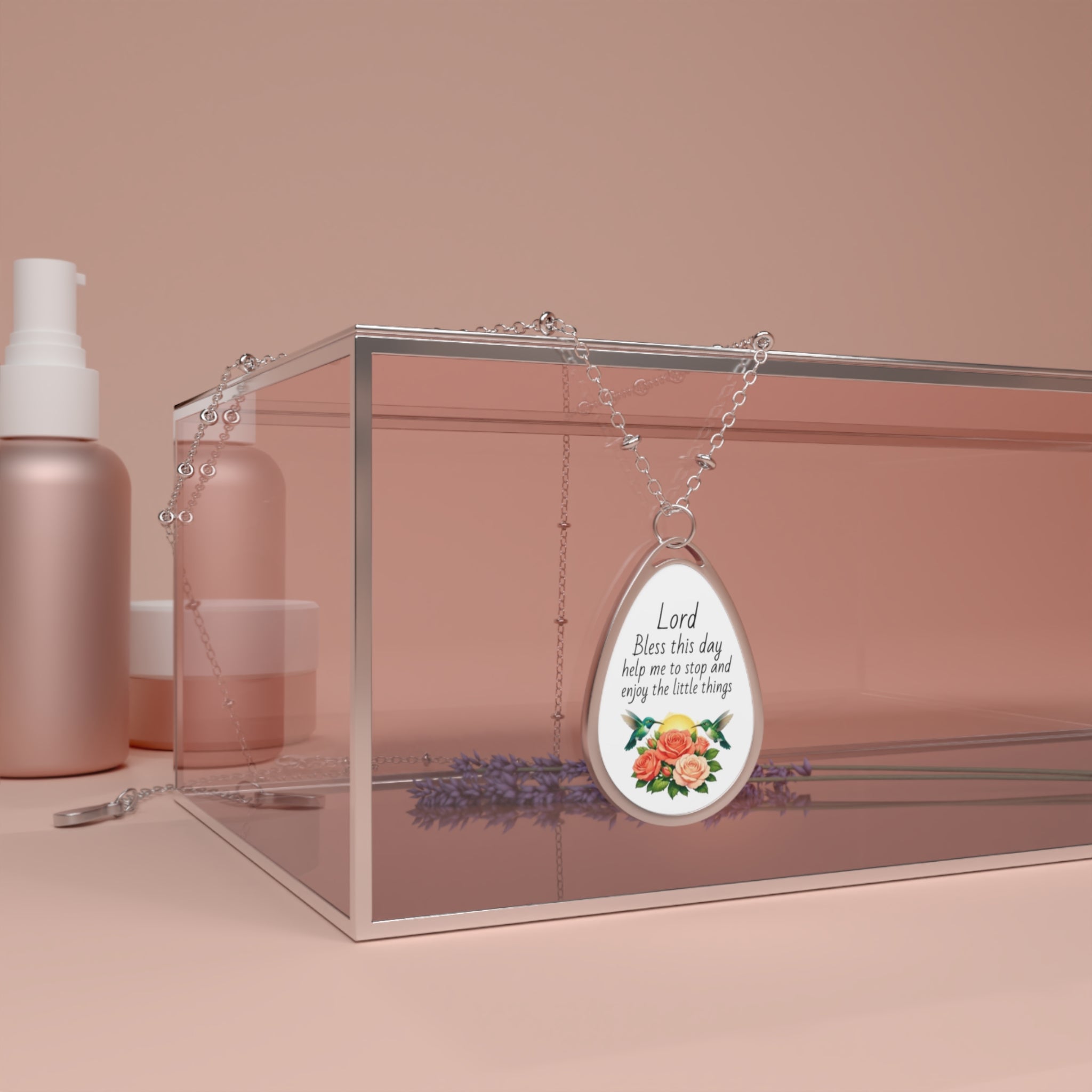 Oval Prayer Pendant Necklace — "Lord Bless this day" Floral Teardrop Necklace