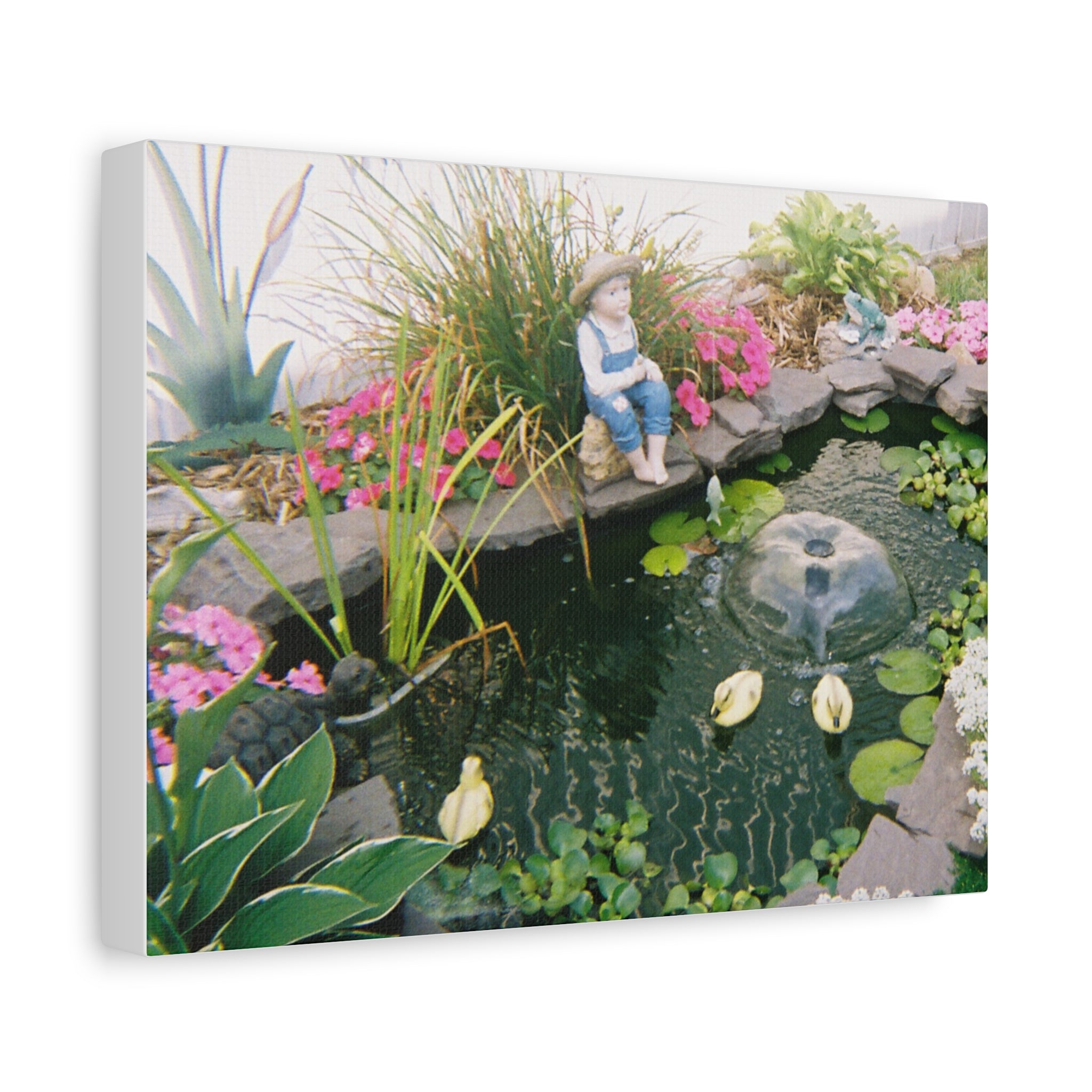 Garden Pond Canvas Wall Art — Tranquil Koi Fountain with Boy Statue, Matte Stretched 1.25"
