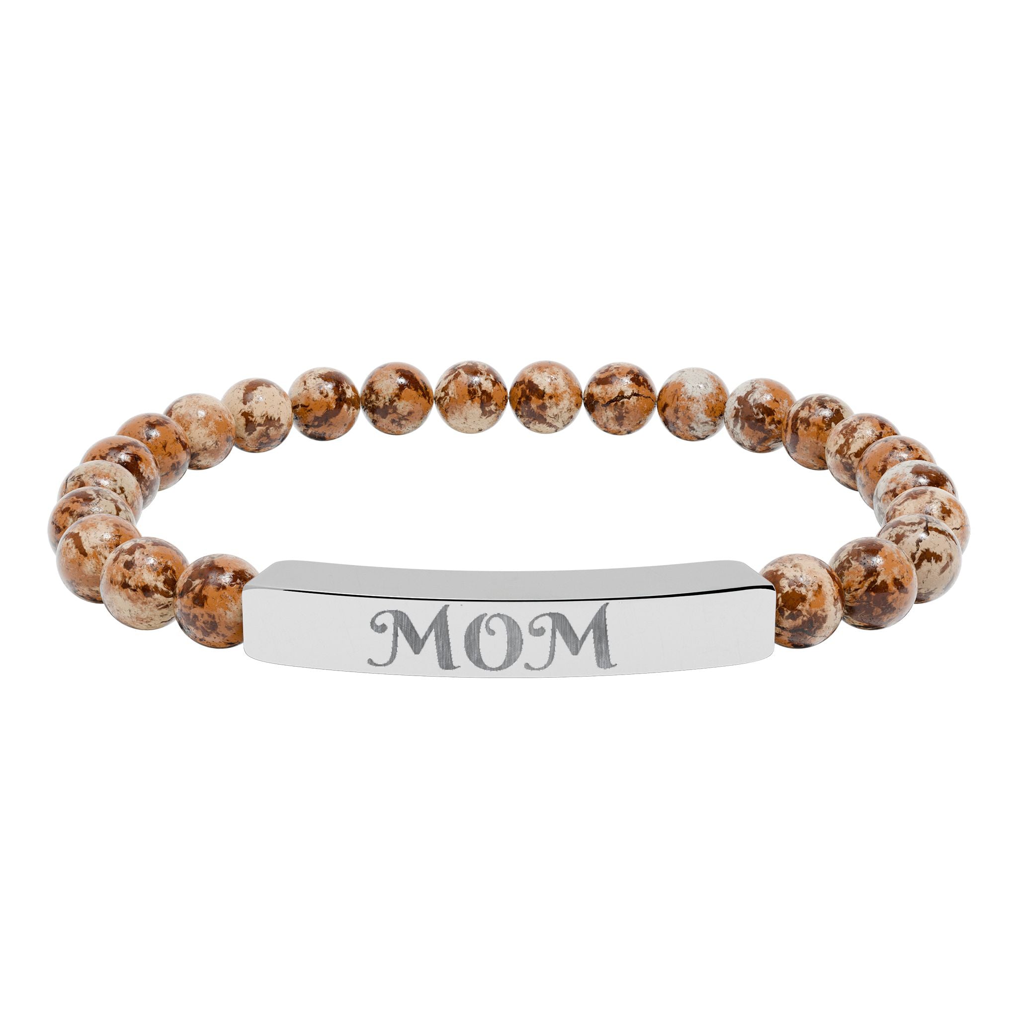 Engraved 'MOM' Natural Stone Stretch Bracelet — Personalized Bar Bead Bracelet