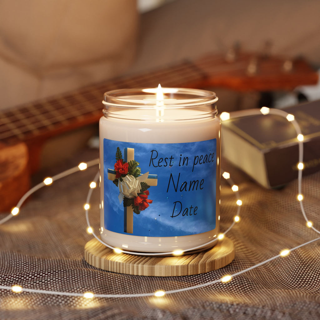 Memorial Soy Candle — Cross with Roses "Rest in Peace" (Personalize Name & Date)