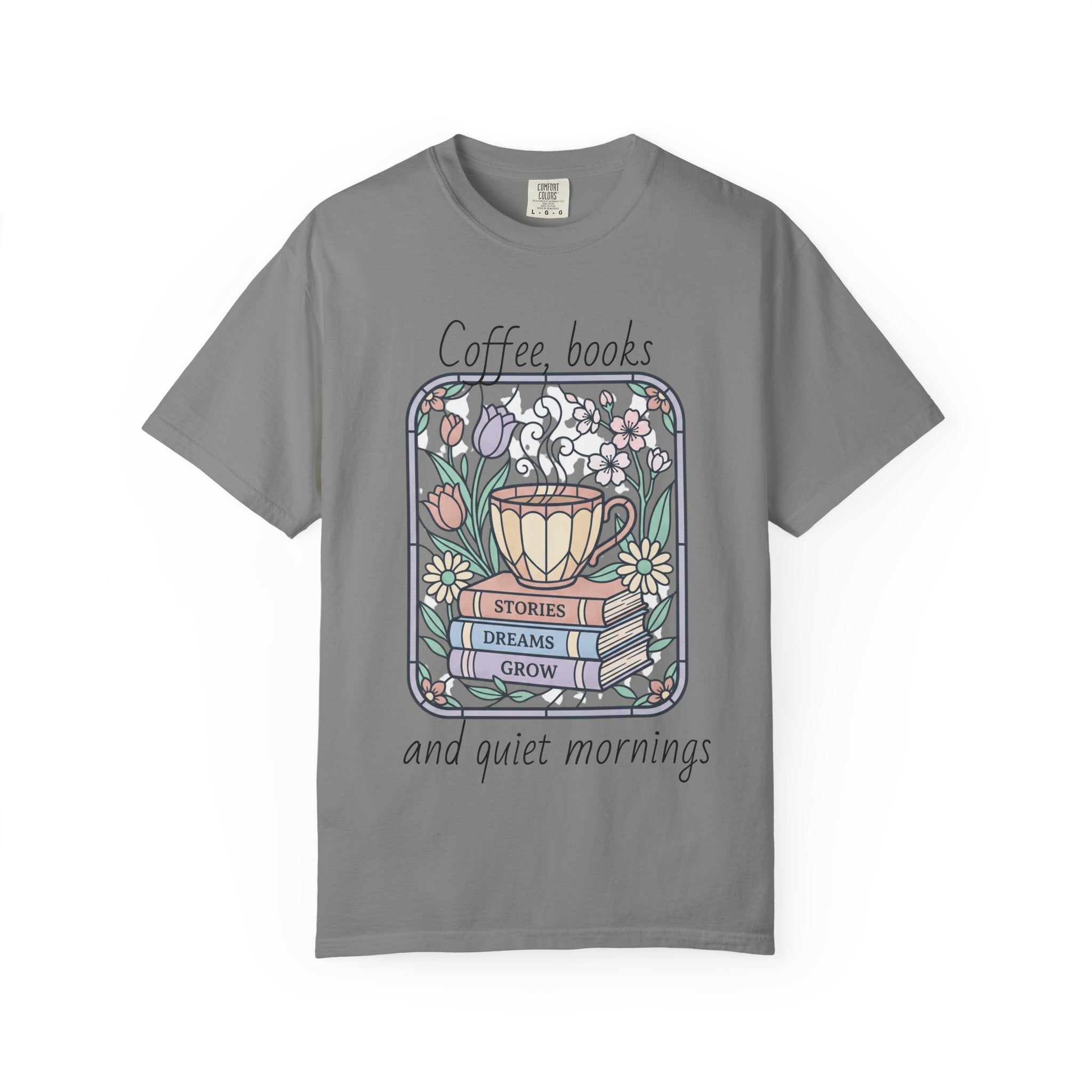 Coffee & Books Morning T-Shirt — Pastel Quiet Mornings Tee