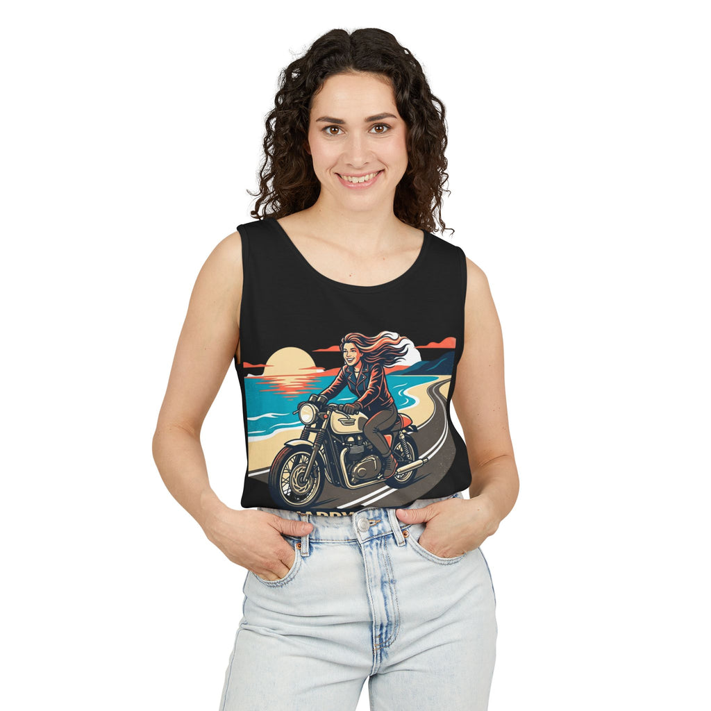 Motorcycle Tank Top — "Happy Place" Beach Ride Graphic Tank