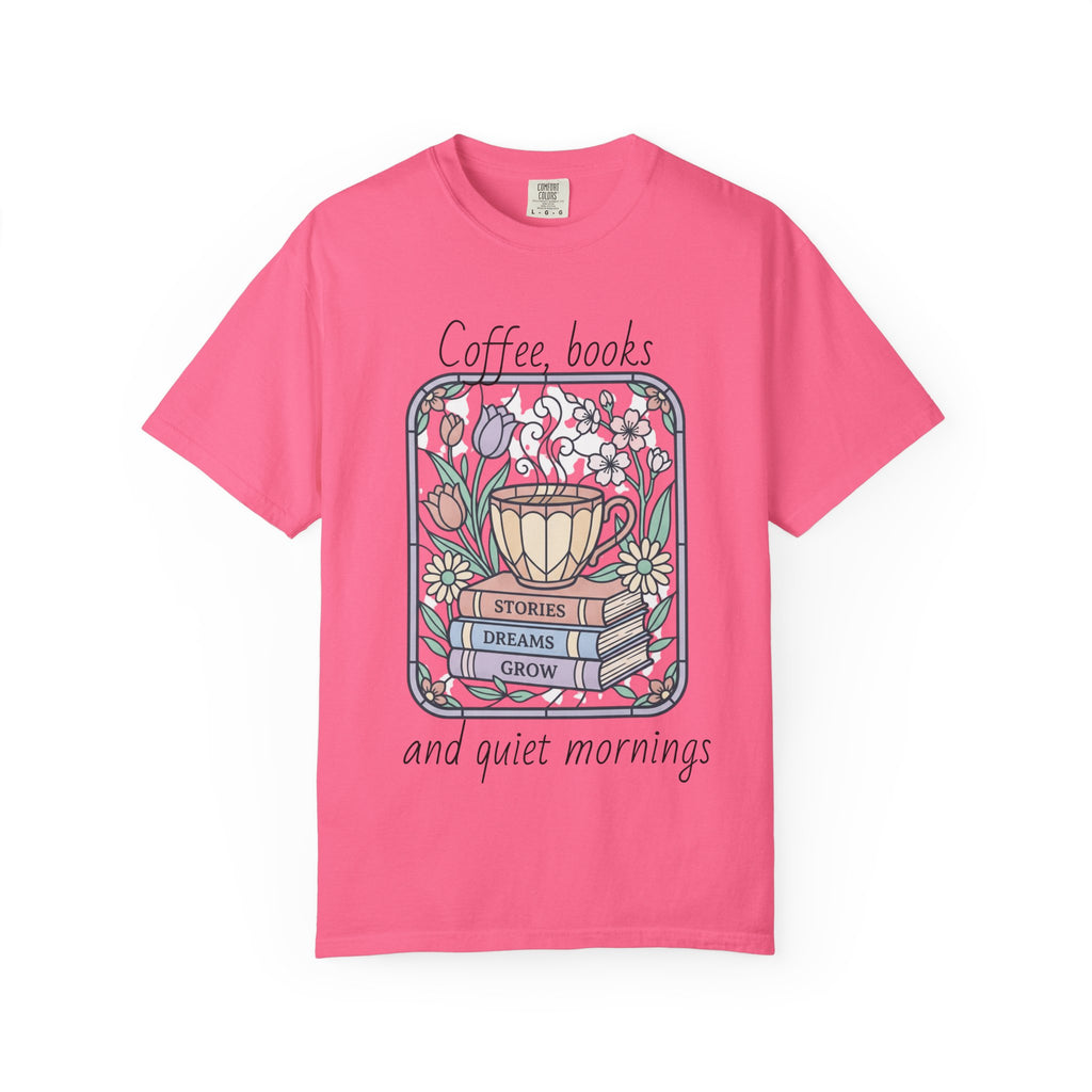 Coffee & Books Morning T-Shirt — Pastel Quiet Mornings Tee