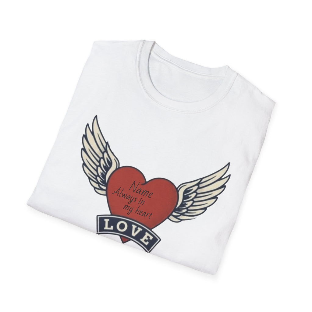 Memorial Heart Wings T-Shirt — Personalized 'Love, Remember' with Name & Date