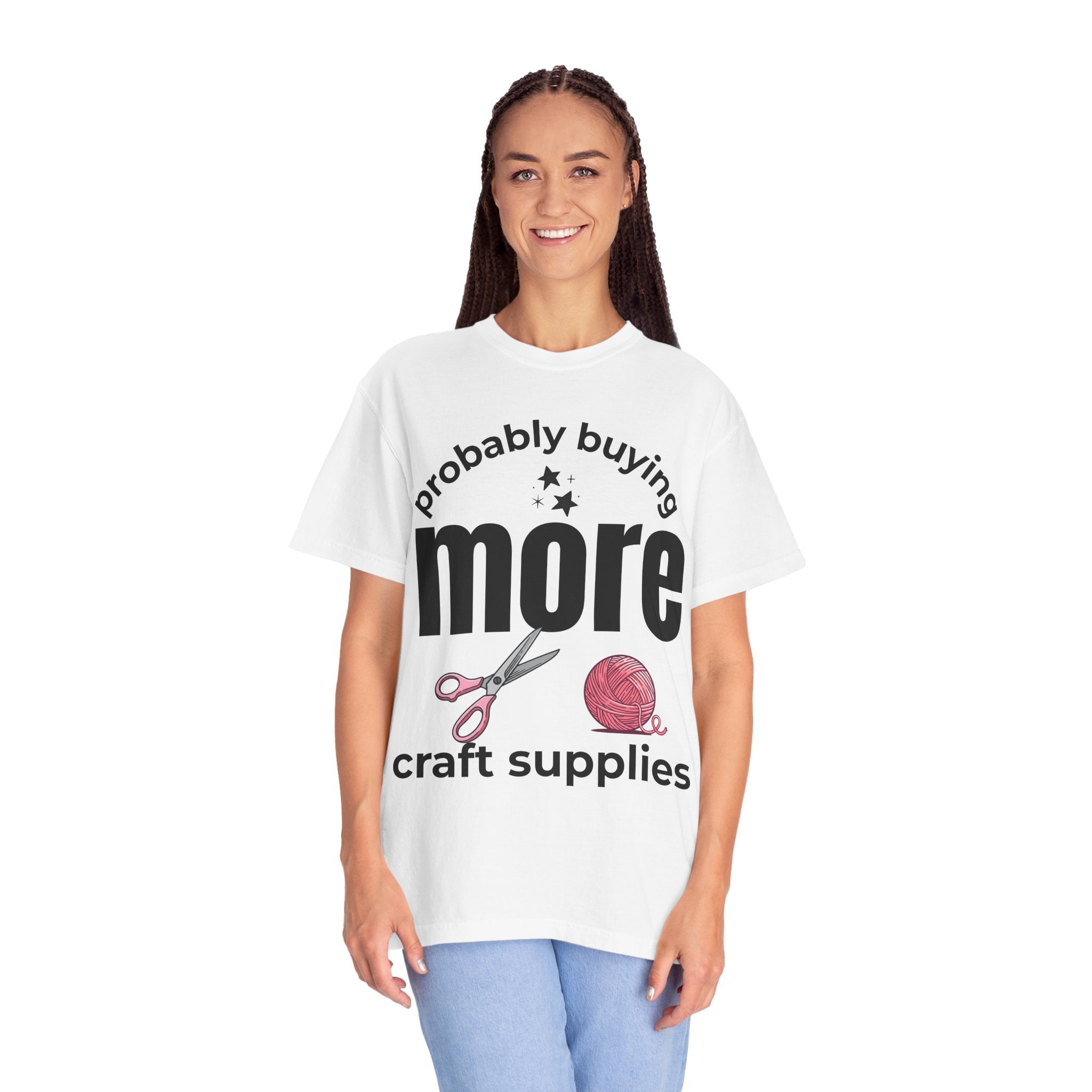 Funny Crafting T-Shirt — Yarn, Scissors & 'Buying More Craft Supplies' Design