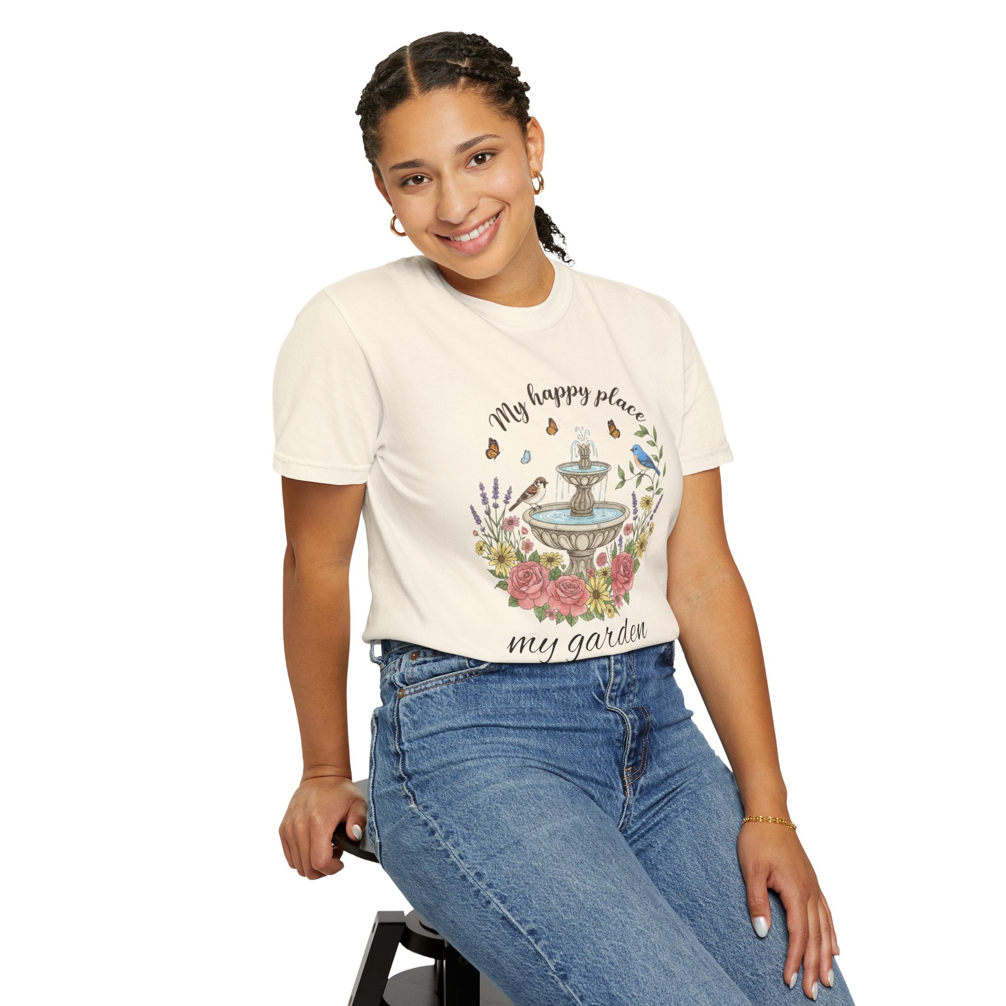 Garden T-Shirt — “My Happy Place My Garden” Floral Fountain Tee