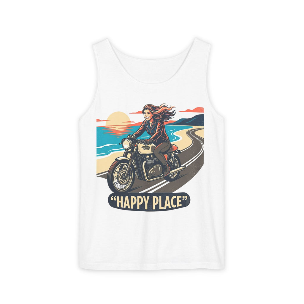 Motorcycle Tank Top — "Happy Place" Beach Ride Graphic Tank