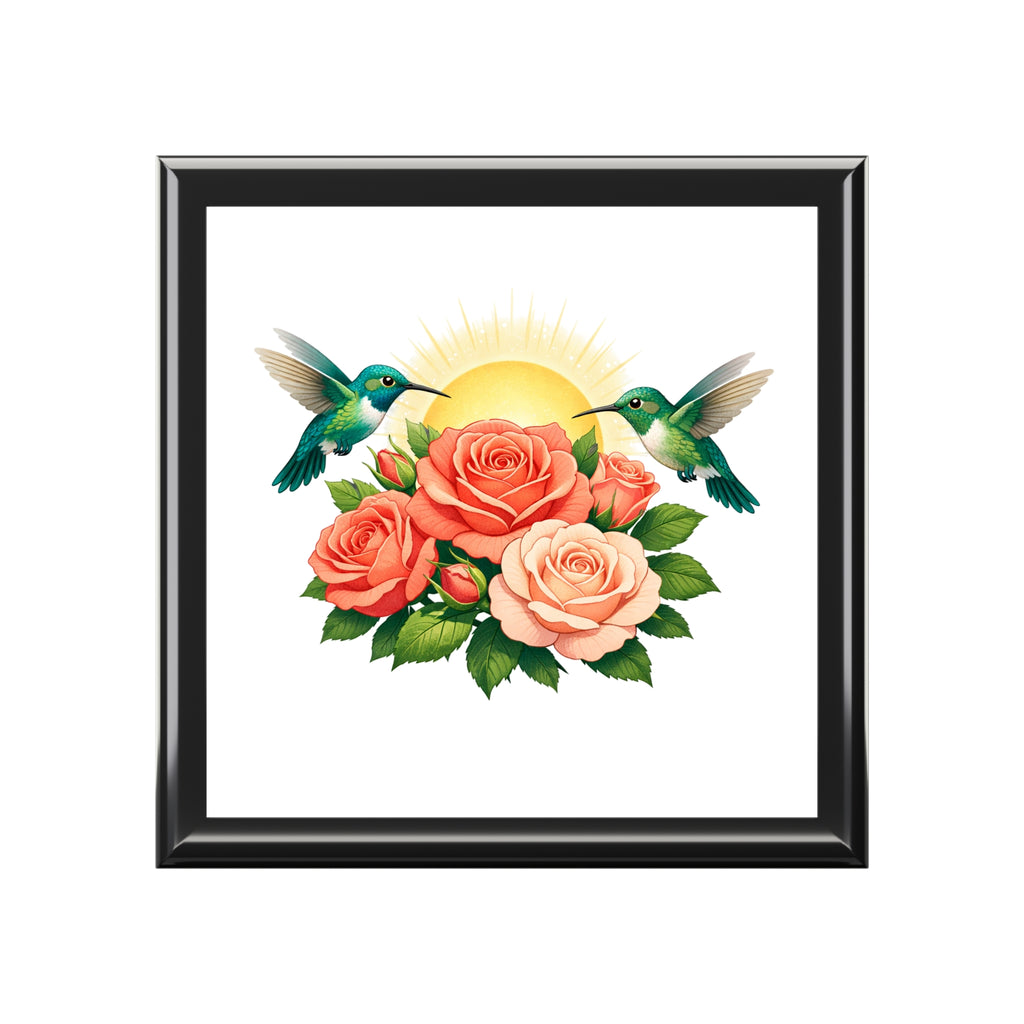 Sun & Peach Roses Jewelry Box with Hummingbird Motif