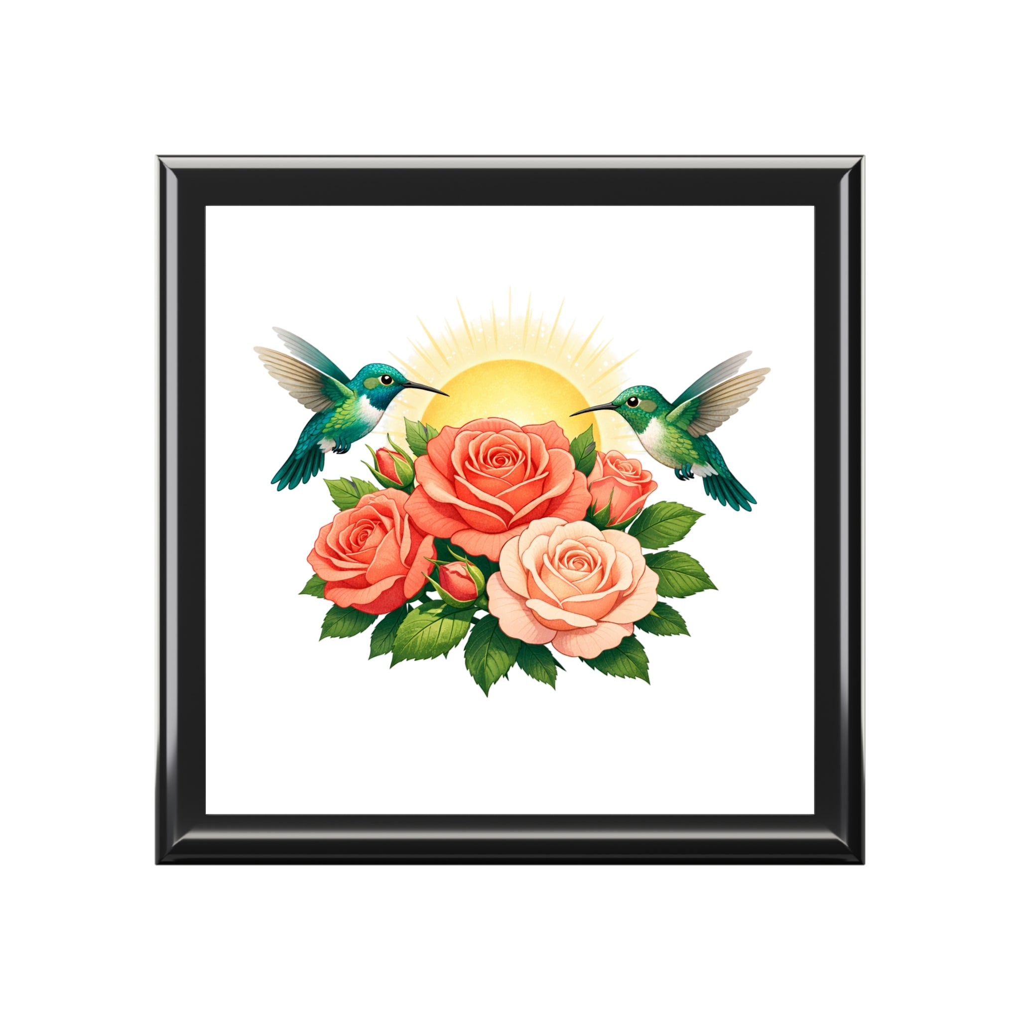 Sun & Peach Roses Jewelry Box with Hummingbird Motif