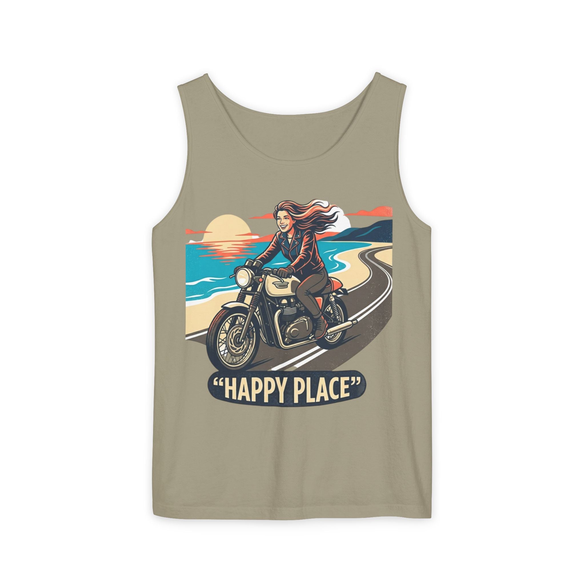 Motorcycle Tank Top — "Happy Place" Beach Ride Graphic Tank