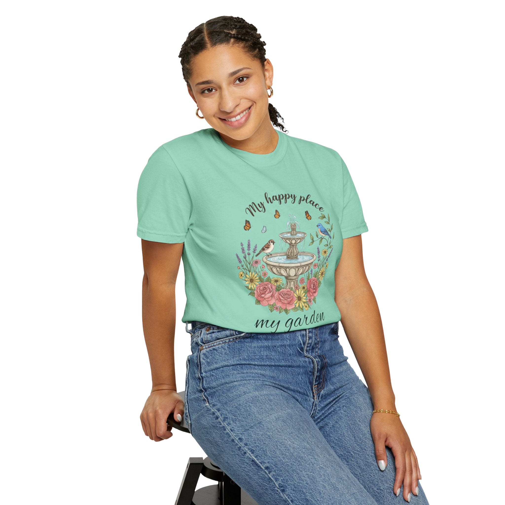 Garden T-Shirt — “My Happy Place My Garden” Floral Fountain Tee