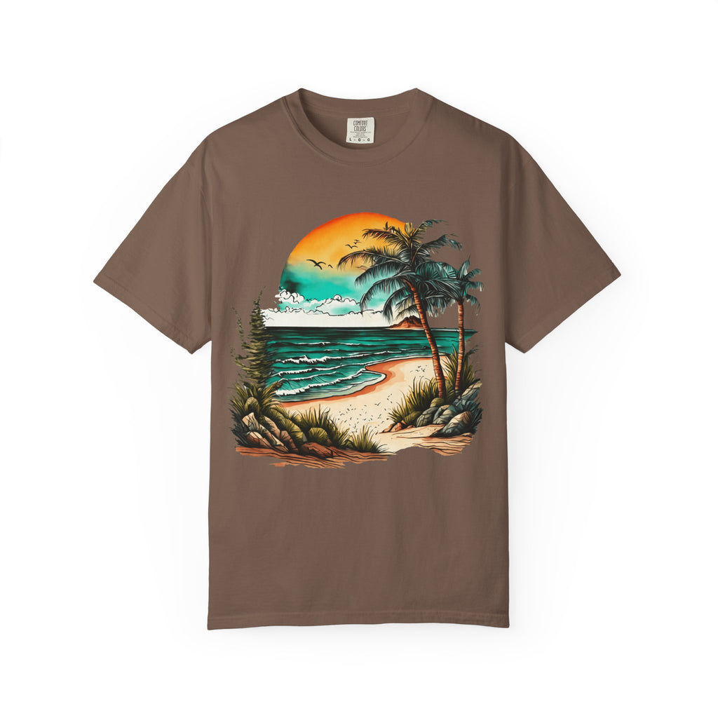 Beach Sunset T-Shirt — Vintage Tropical Palm Surf Graphic