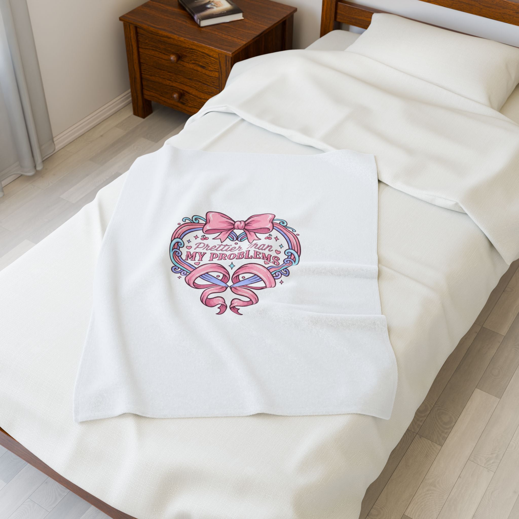 Prettier Than My Problems Velveteen Blanket | coquette ribbon art, pastel humor