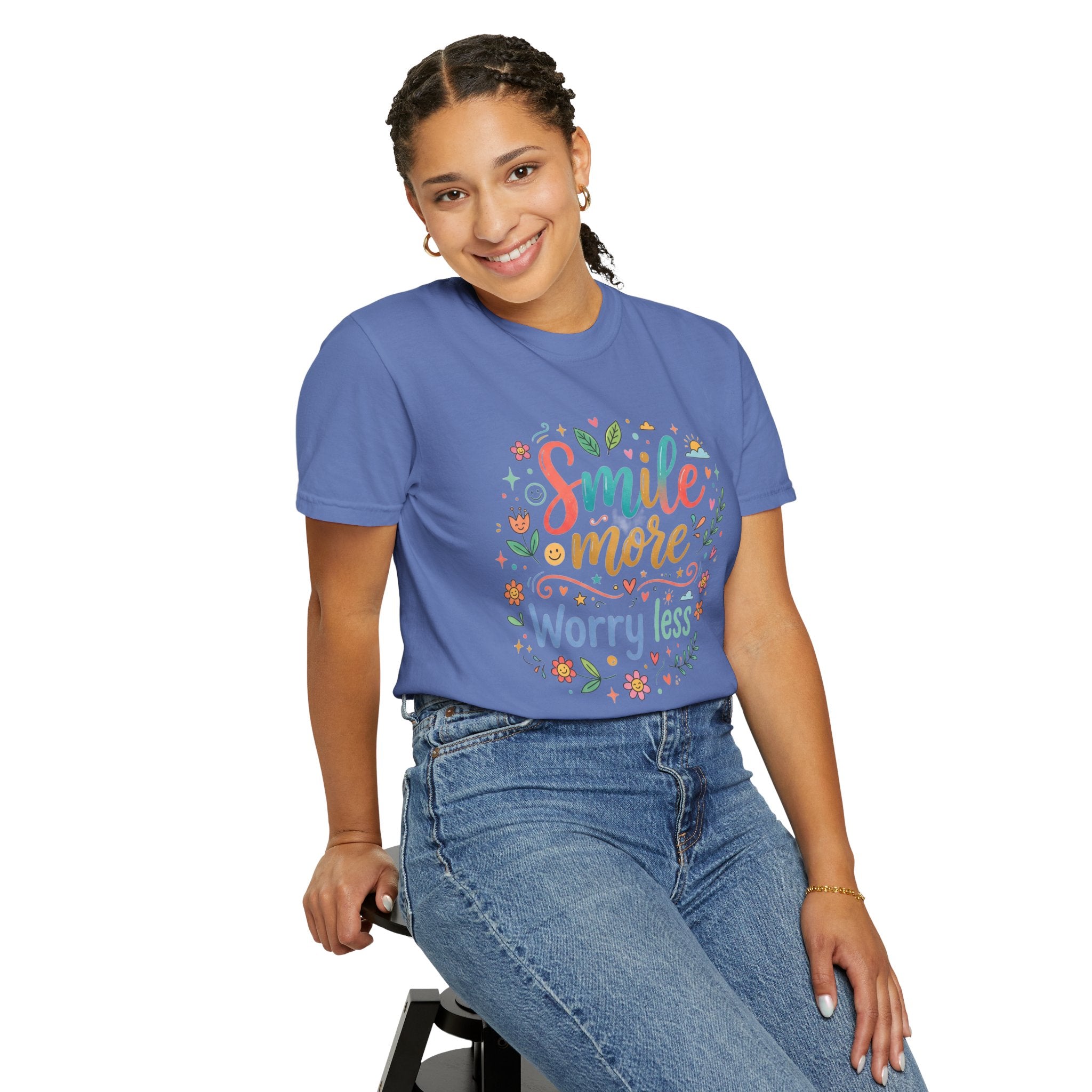 Smile More Worry Less T-Shirt — Floral Positive Message Tee