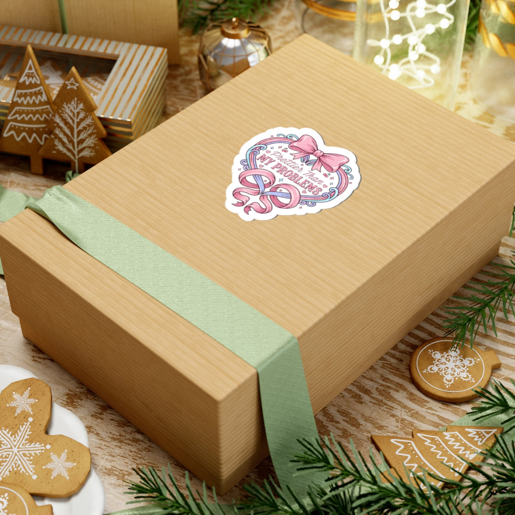 Prettier Than My Problems Kiss-Cut Sticker | coquette ribbon, pastel humor