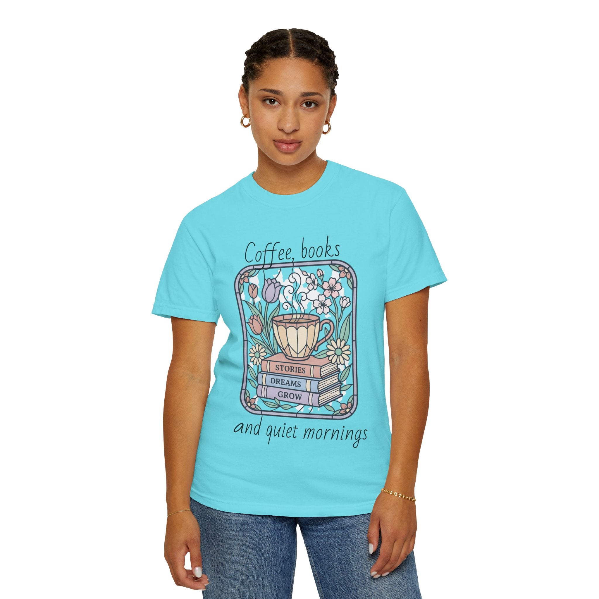 Coffee & Books Morning T-Shirt — Pastel Quiet Mornings Tee