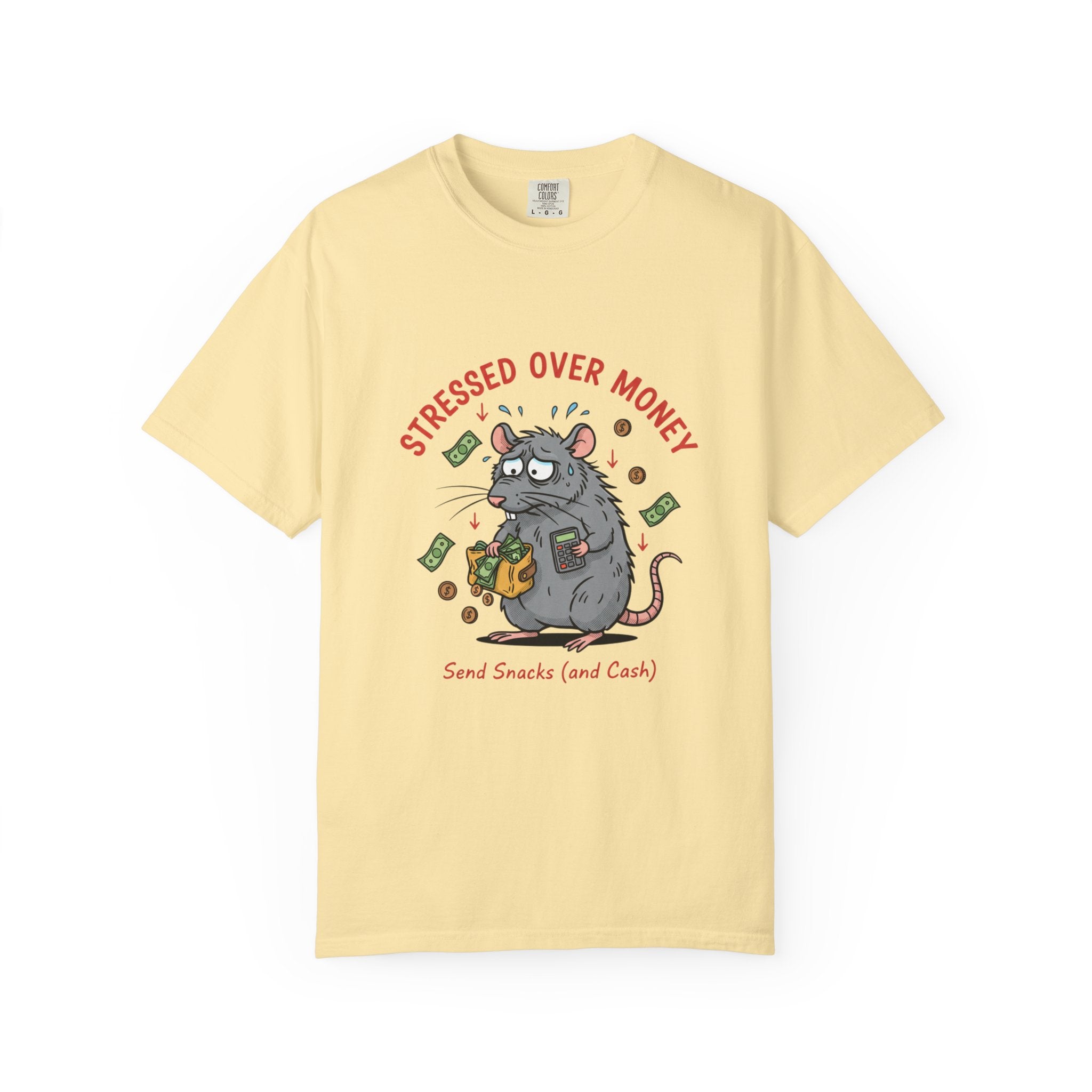 Stressed Over Money T-Shirt — Cute Snack-Loving Rat Graphic Tee