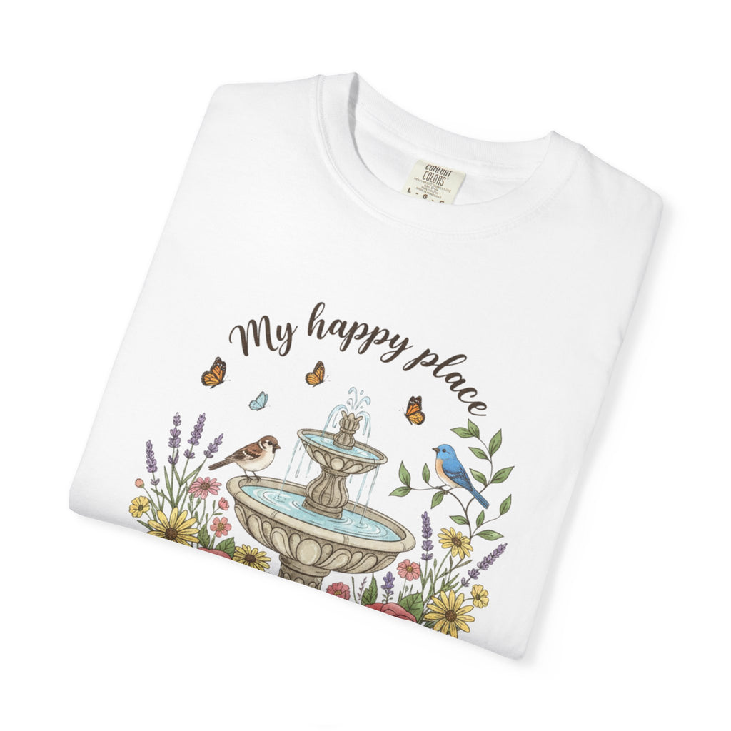 Garden T-Shirt — “My Happy Place My Garden” Floral Fountain Tee