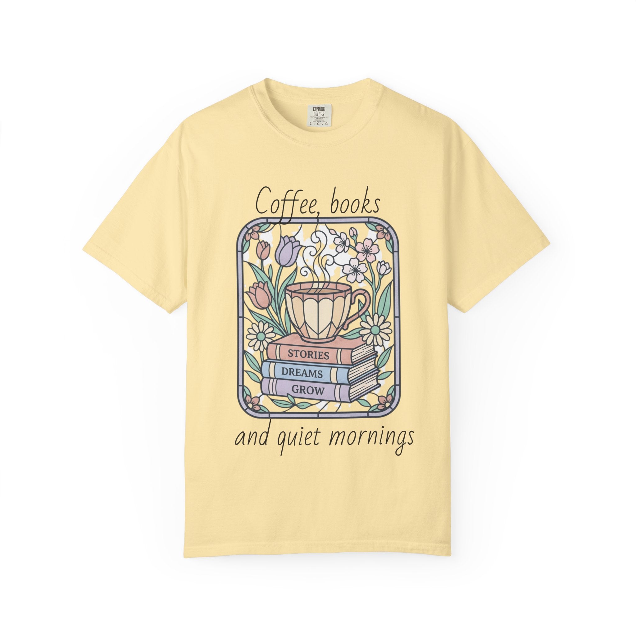 Coffee & Books Morning T-Shirt — Pastel Quiet Mornings Tee
