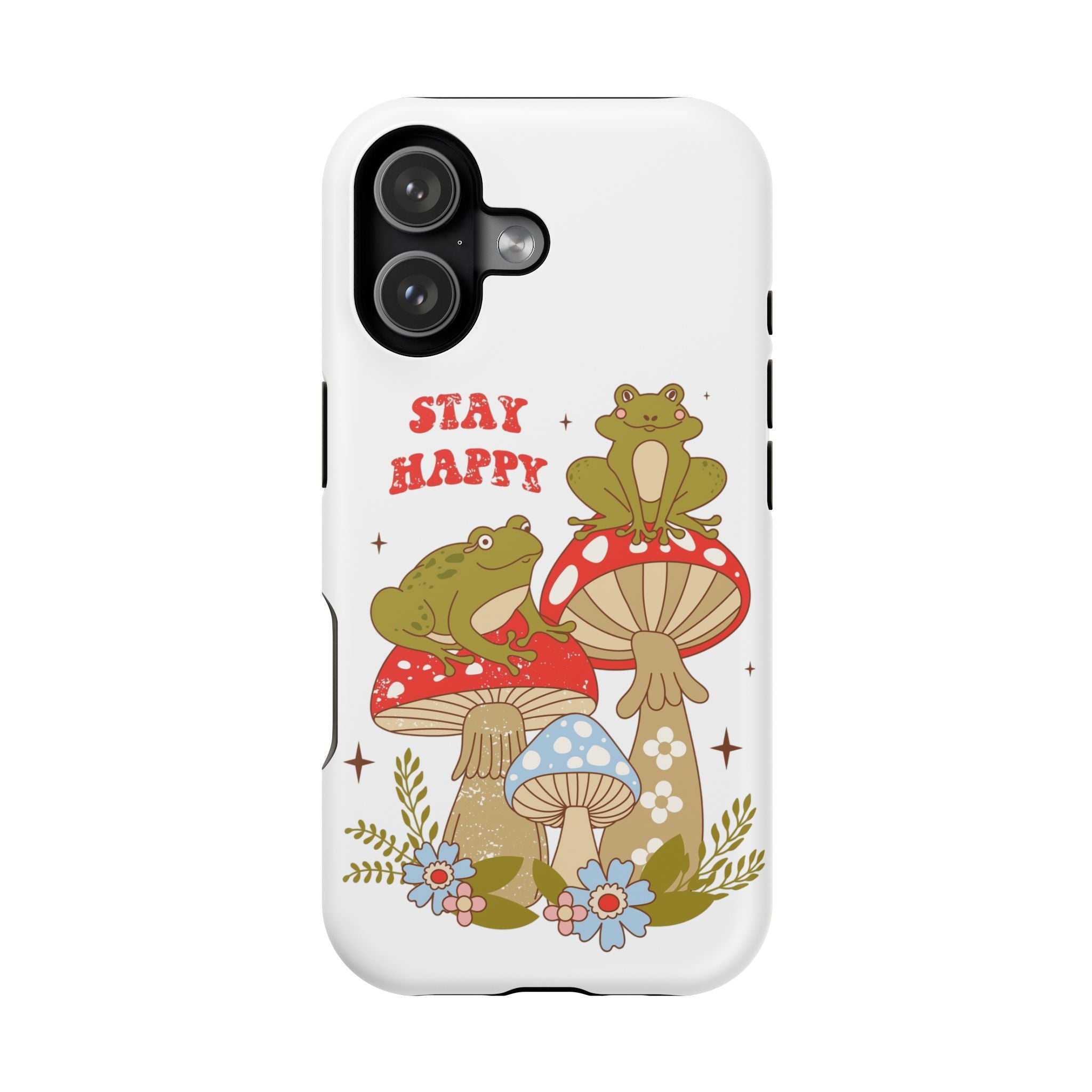 iPhone 17 Phone Case 'Stay Happy' Frogs on Mushrooms Impact-Resistant Case