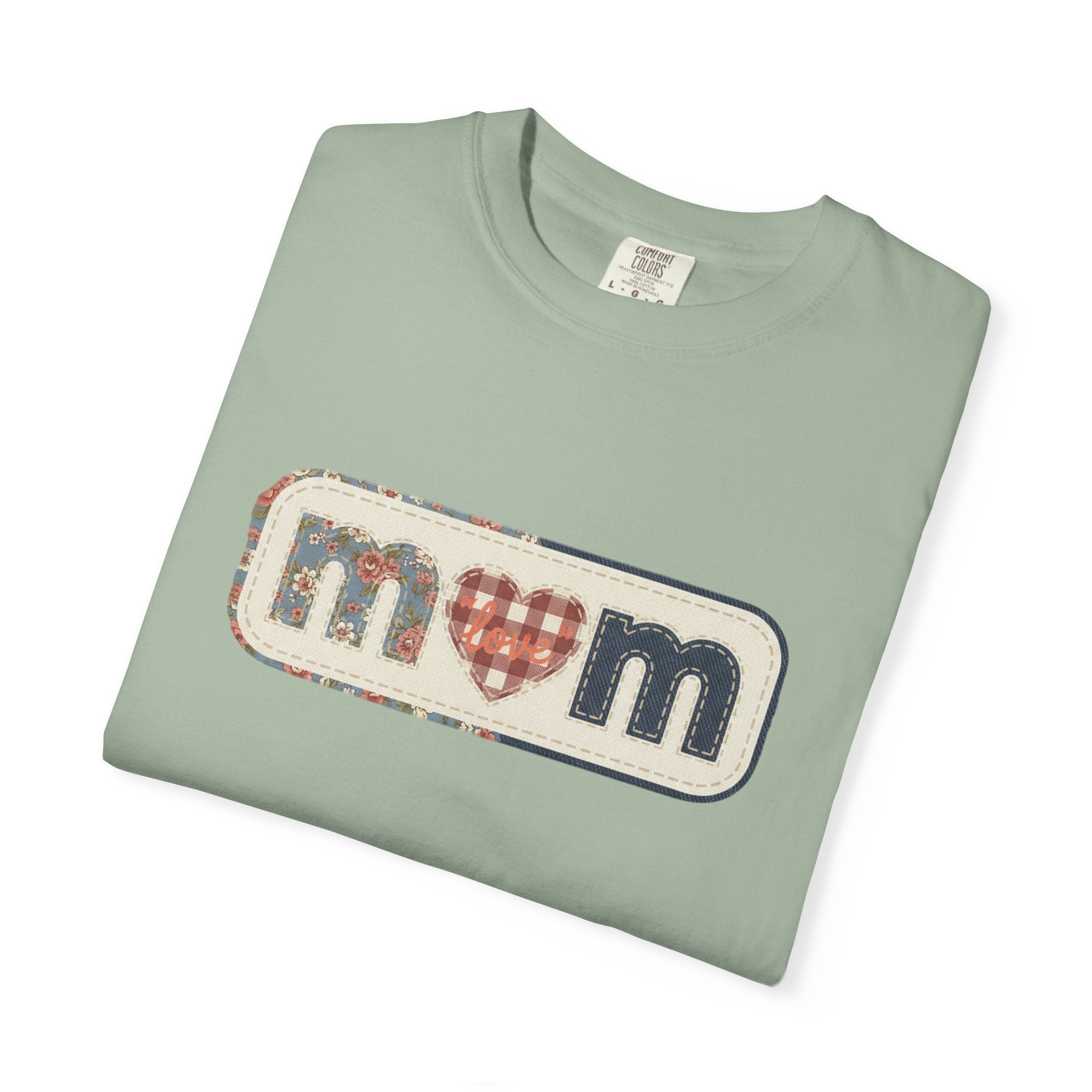 Mom  Faux Patch T-Shirt —Faux Plaid Heart Vintage Mom Tee