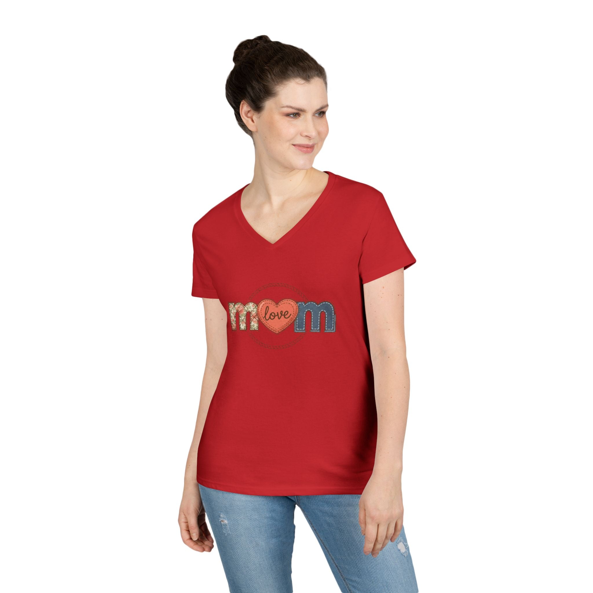 Mom Faux Love V-Neck T-Shirt —Faux Floral Heart "Love" Mother's Day Tee