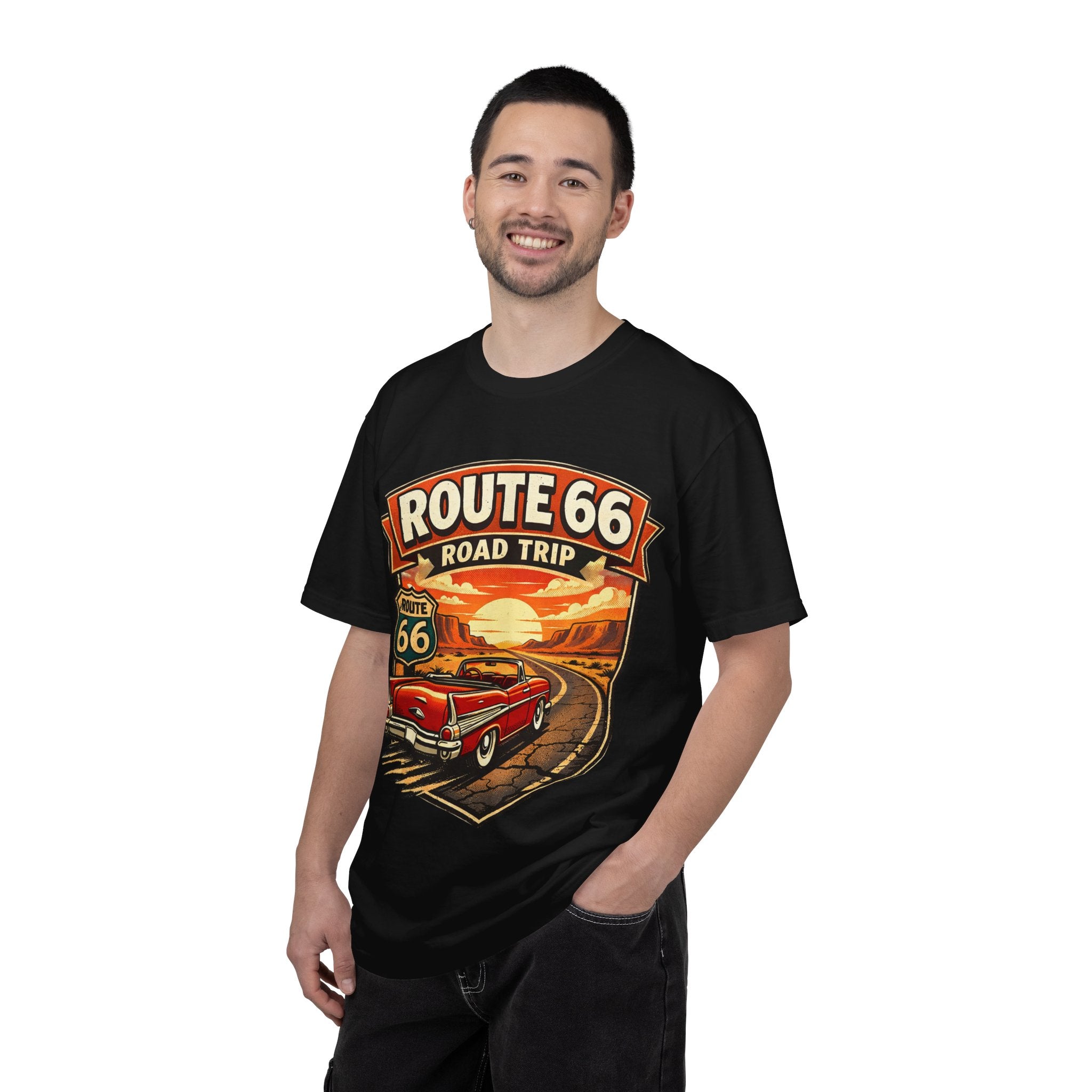 Route 66 Road Trip T-Shirt — Vintage Sunset Classic Car Tee