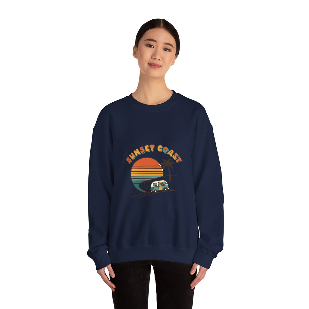 Sunset Coast Camper Crewneck Sweatshirt | 70s Sunset, Retro Surf Graphic