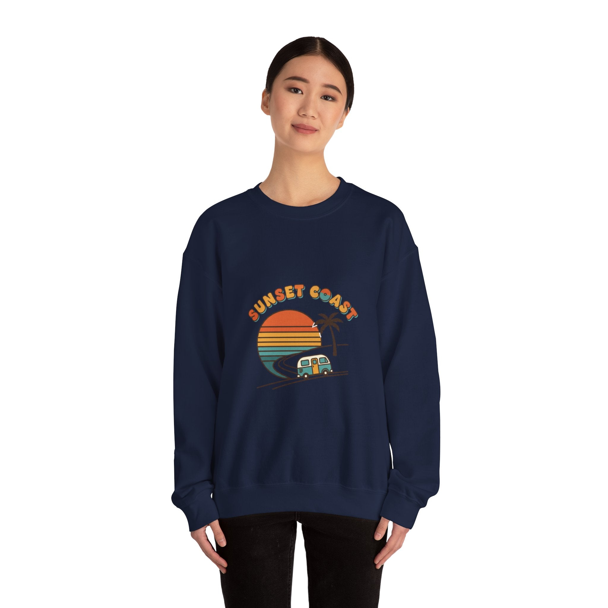 Sunset Coast Camper Crewneck Sweatshirt | 70s Sunset, Retro Surf Graphic
