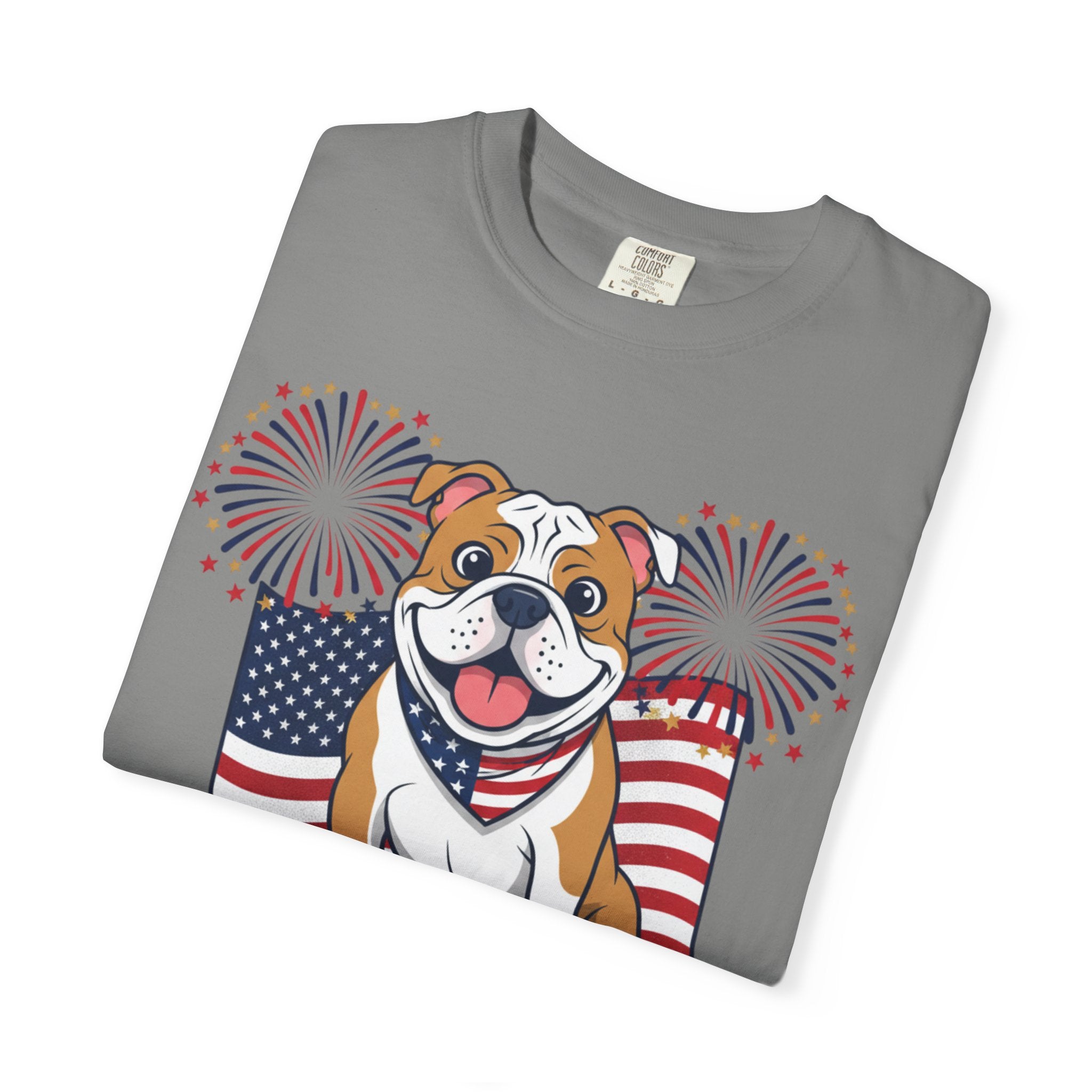 Patriotic Bulldog T-Shirt — “Happy 250th Birthday” American Flag Fireworks Tee