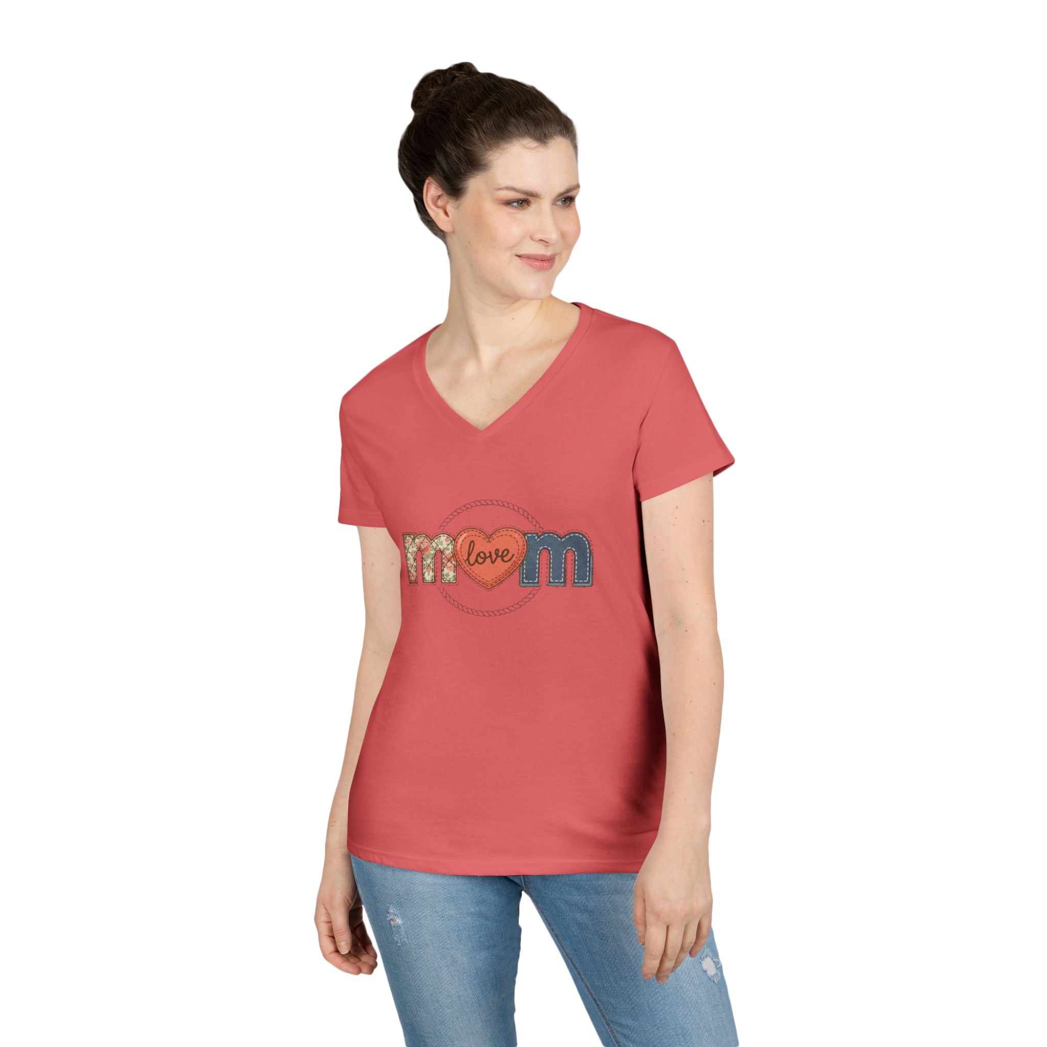 Mom Faux Love V-Neck T-Shirt —Faux Floral Heart "Love" Mother's Day Tee