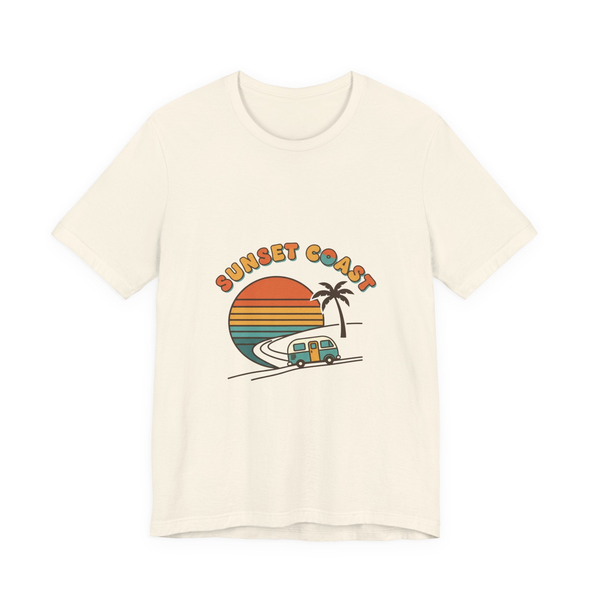 Sunset Coast Retro Surf Graphic Tee | 70s Sunset Shirt, Vintage Palm Postcard