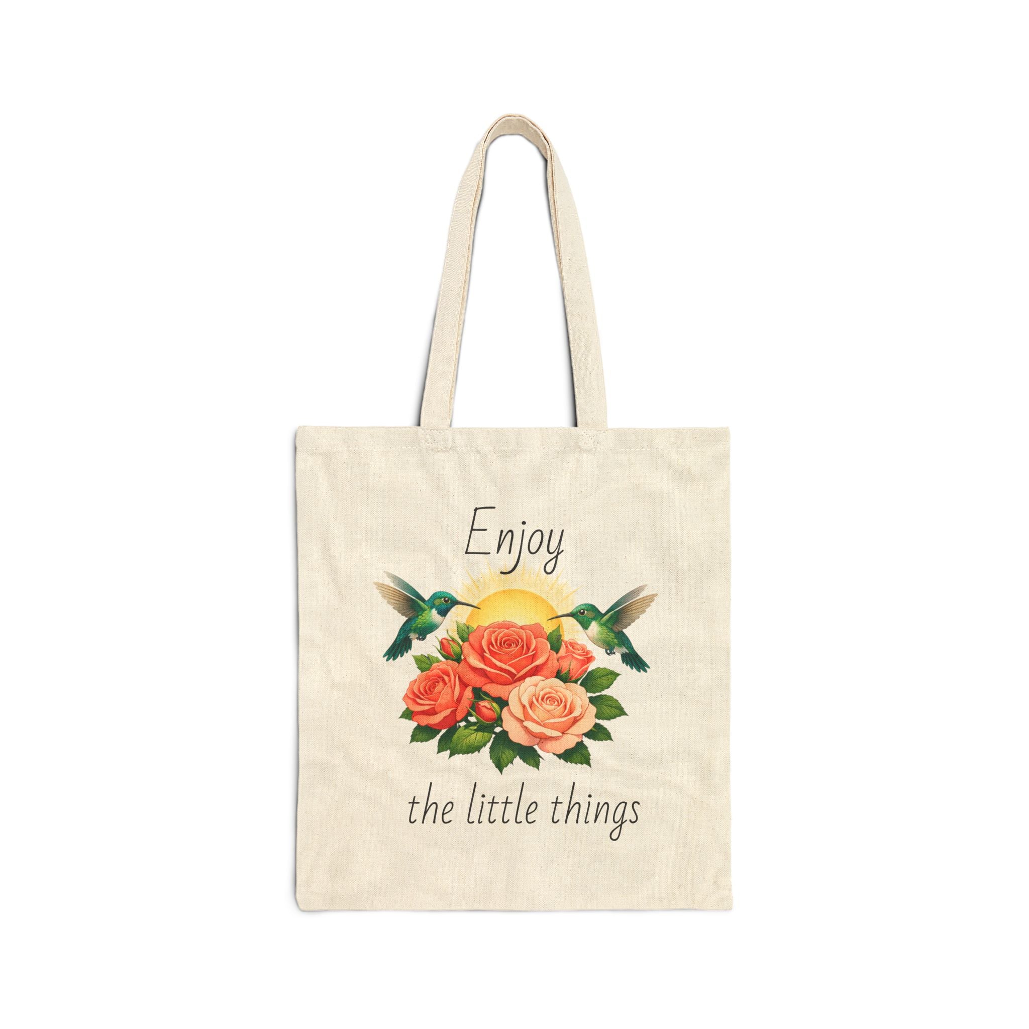 Floral 'Enjoy' Canvas Tote Bag — Vintage Rose and hummingbird Market Tote