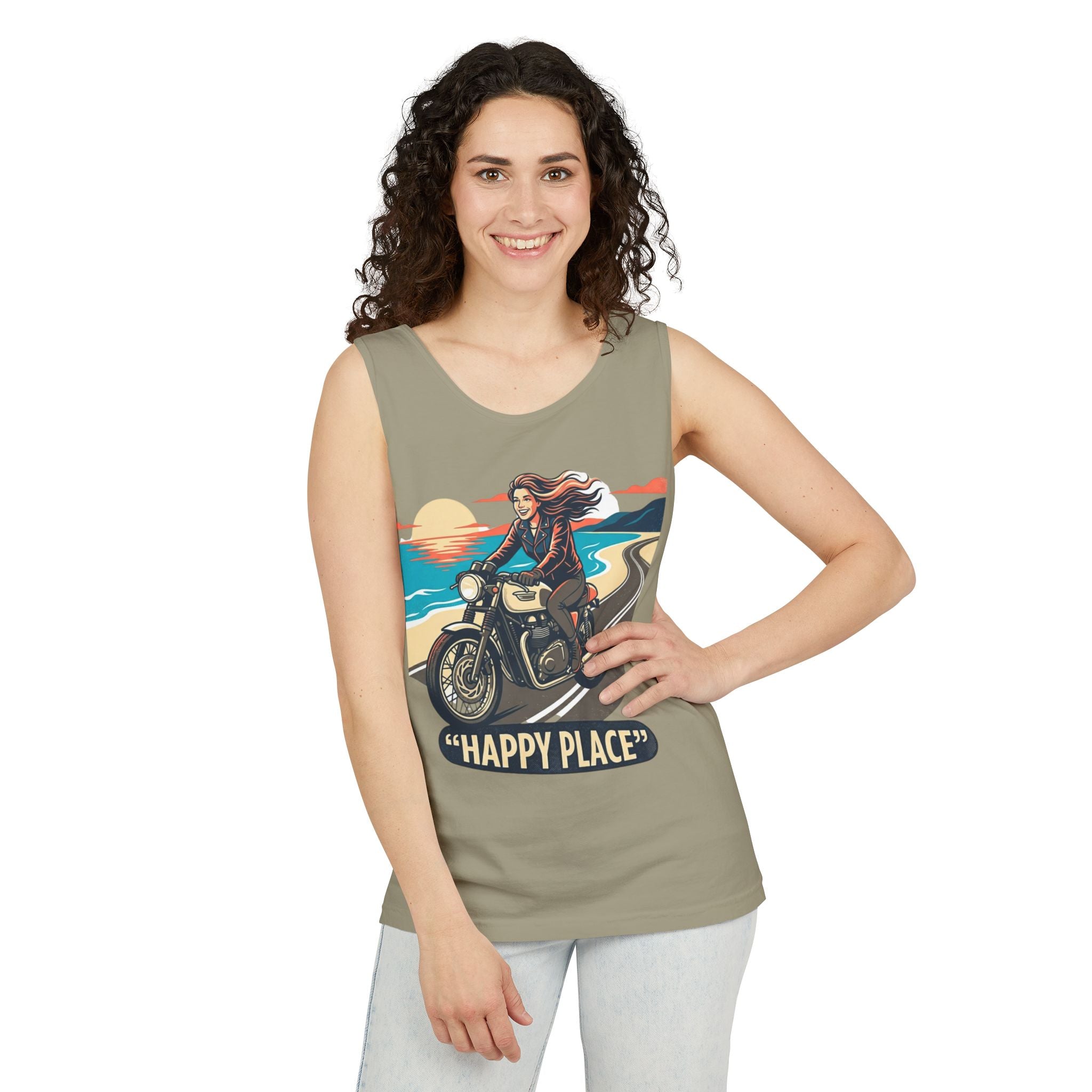 Motorcycle Tank Top — "Happy Place" Beach Ride Graphic Tank