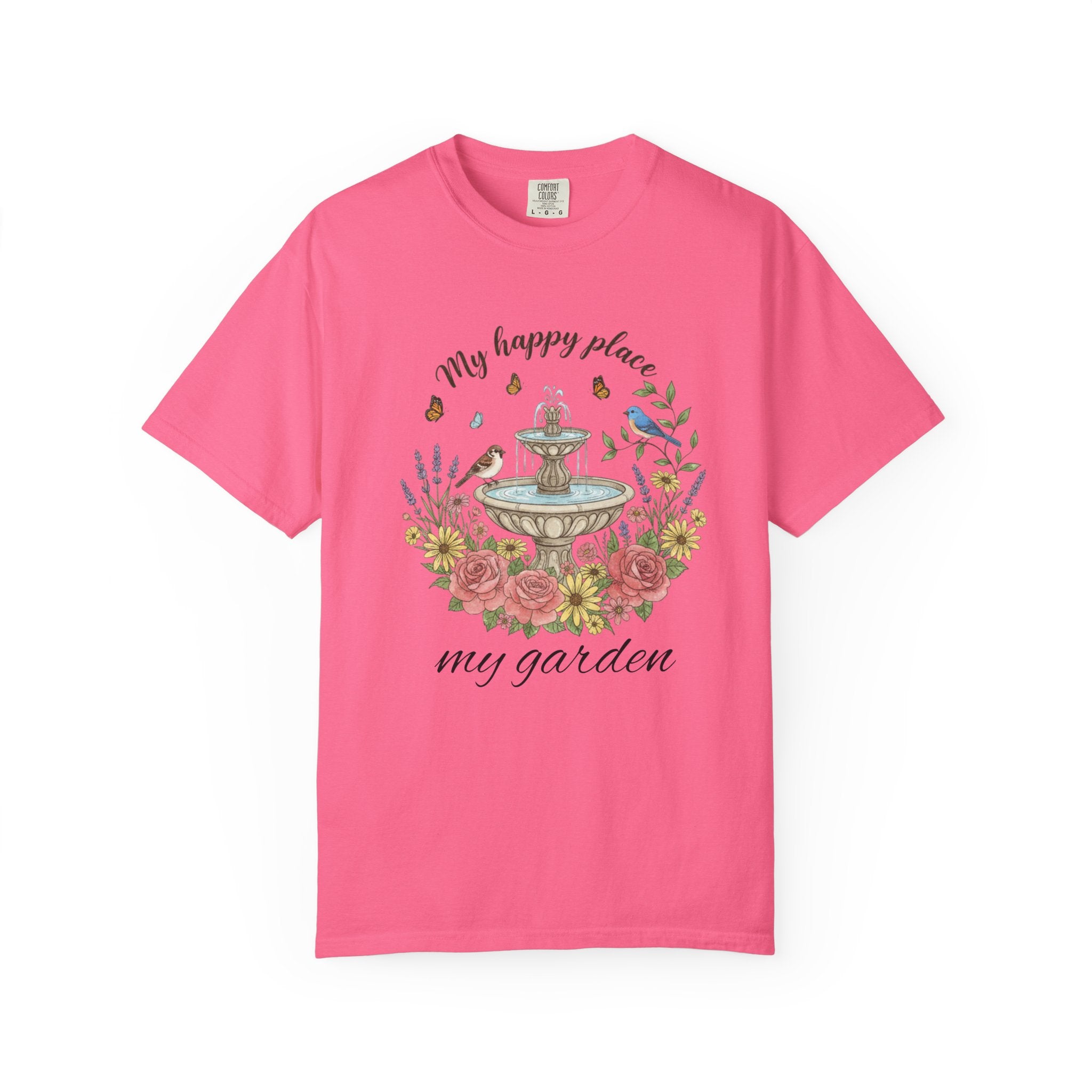 Garden T-Shirt — “My Happy Place My Garden” Floral Fountain Tee