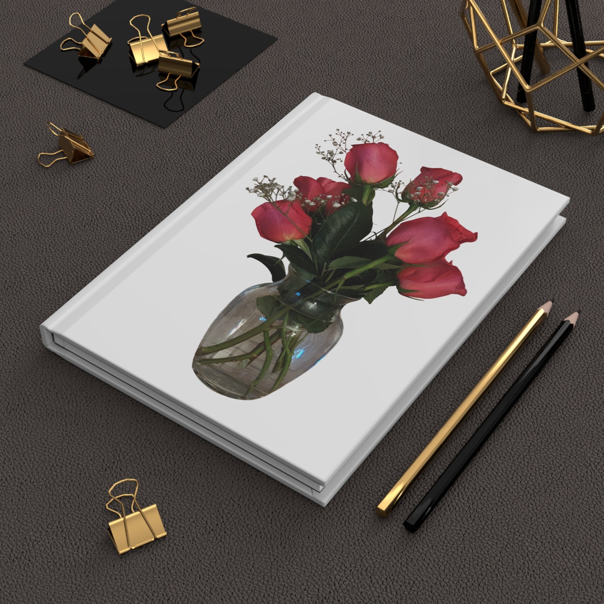 Hardcover Journal — Pink Roses Vase Notebook for Valentine's Day, Mother's Day, Floral Gift