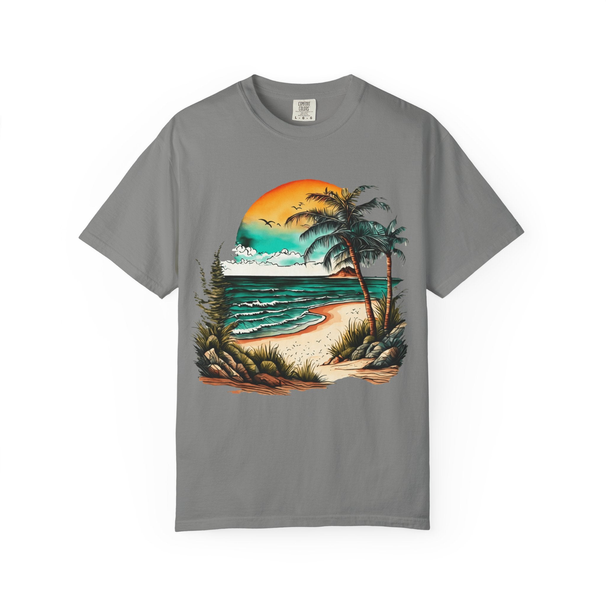 Beach Sunset T-Shirt — Vintage Tropical Palm Surf Graphic