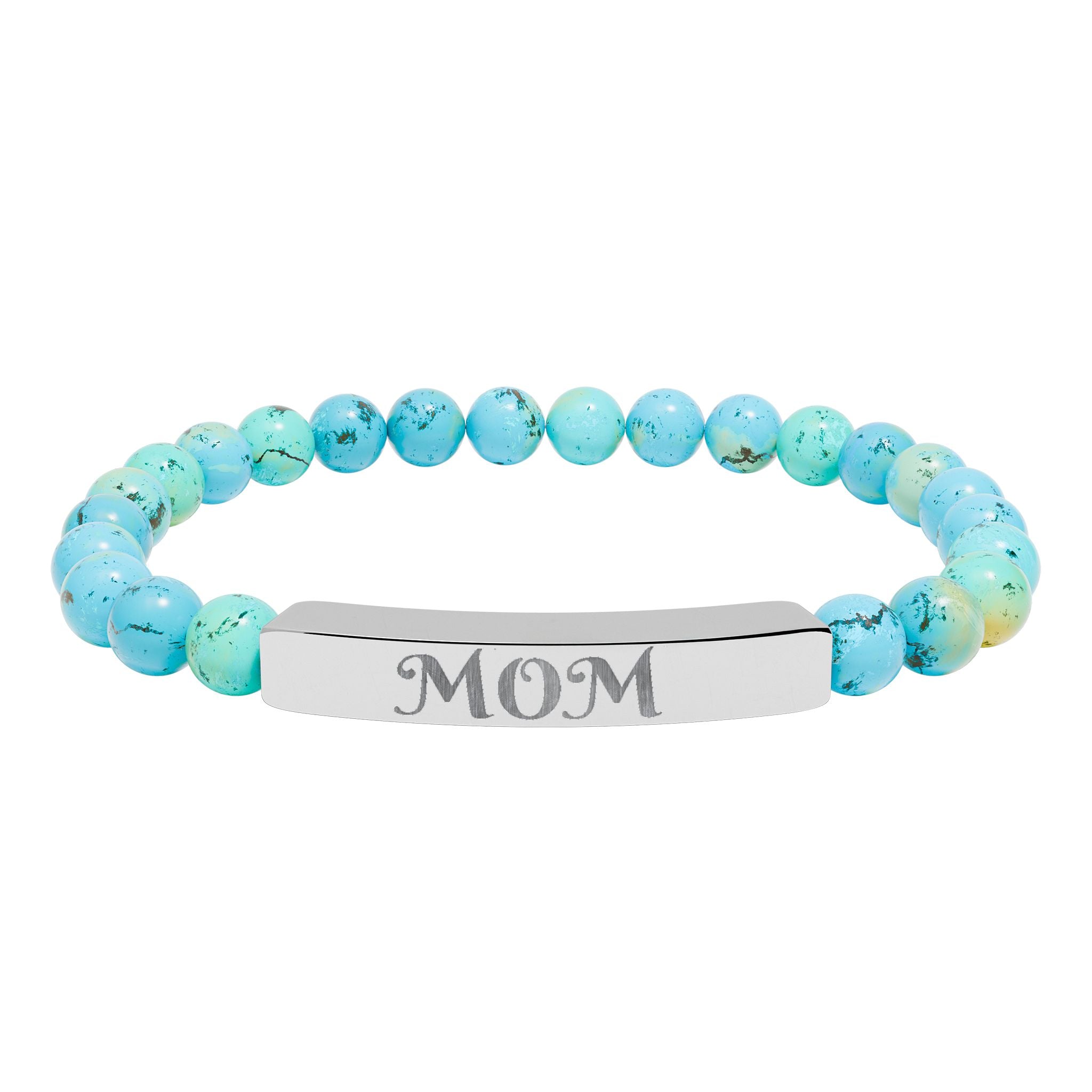 Engraved 'MOM' Natural Stone Stretch Bracelet — Personalized Bar Bead Bracelet