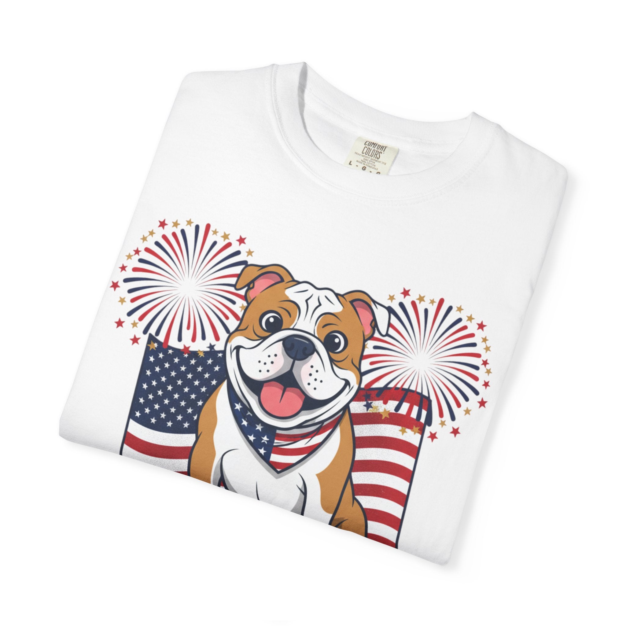 Patriotic Bulldog T-Shirt — “Happy 250th Birthday” American Flag Fireworks Tee