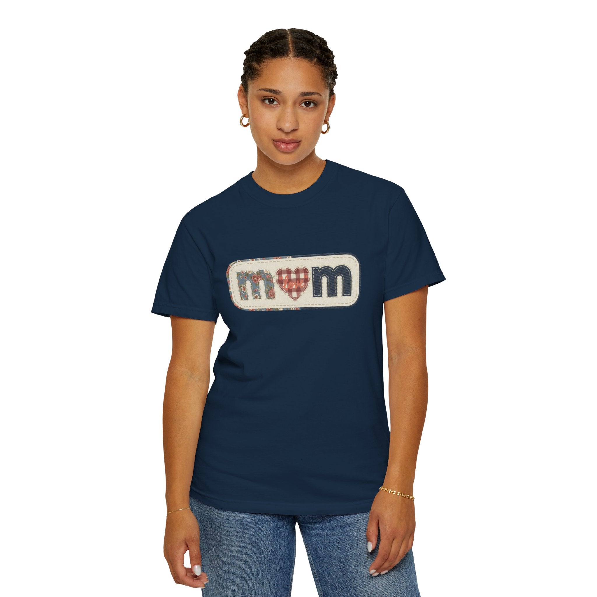 Mom  Faux Patch T-Shirt —Faux Plaid Heart Vintage Mom Tee