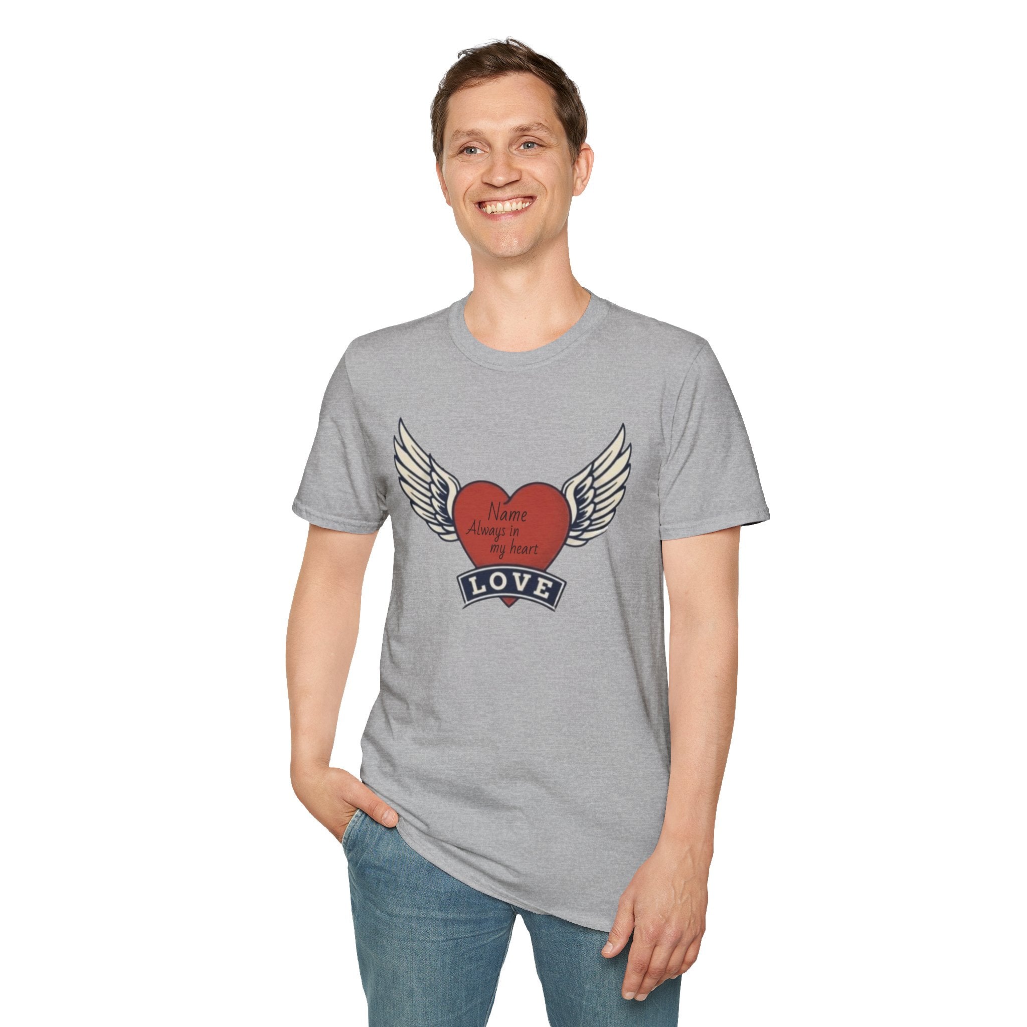 Memorial Heart Wings T-Shirt — Personalized 'Love, Remember' with Name & Date